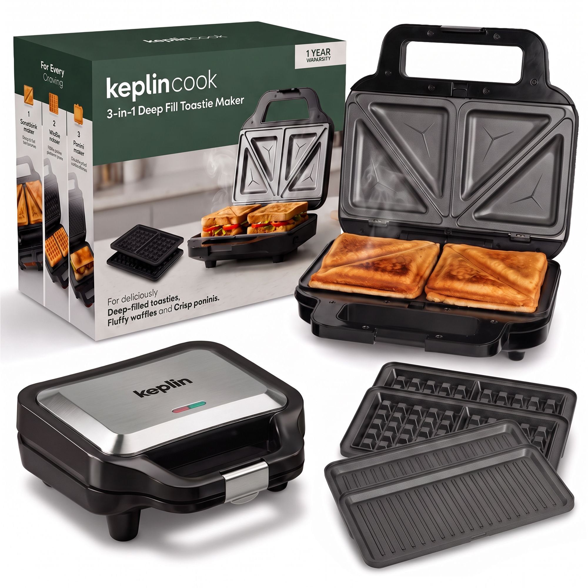 Keplin 3 in 1 Sandwich Maker - Silver & Black