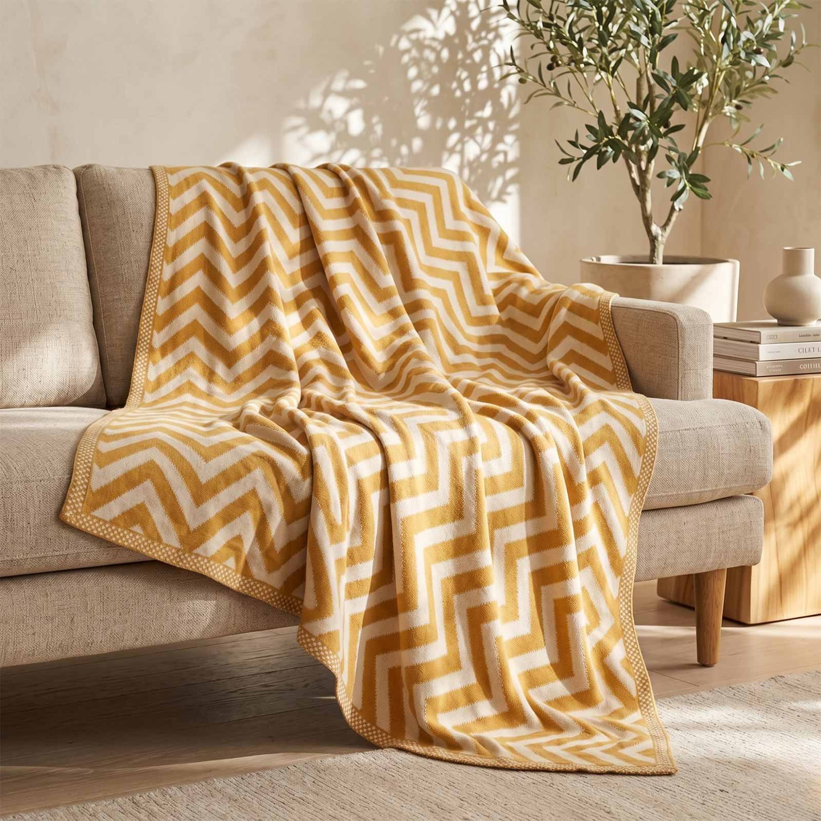 Homescapes Cotton Chevron Knitted Throw - 130 x 170 cm - Mustard