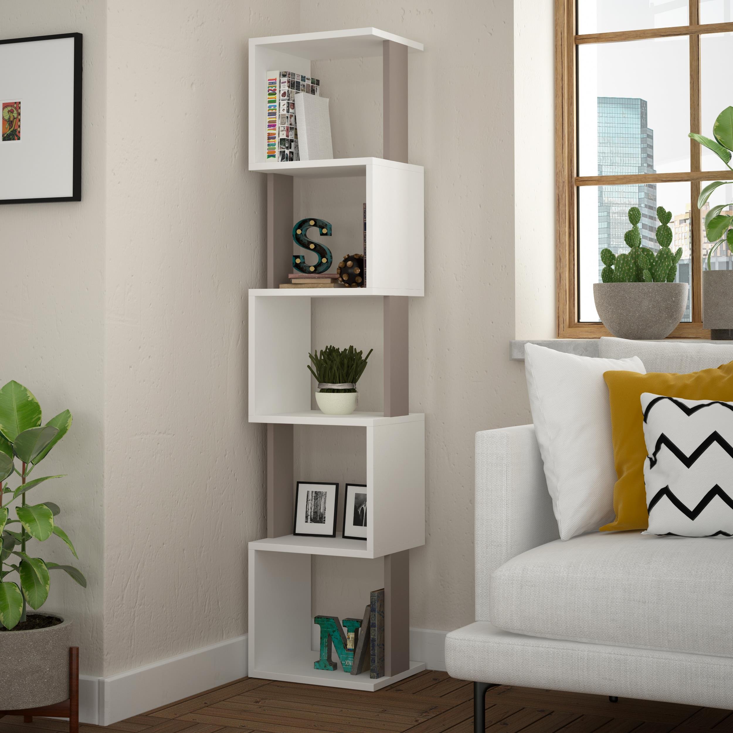 Decortie Piri Particleboard Bookcase - White and Light Mocha