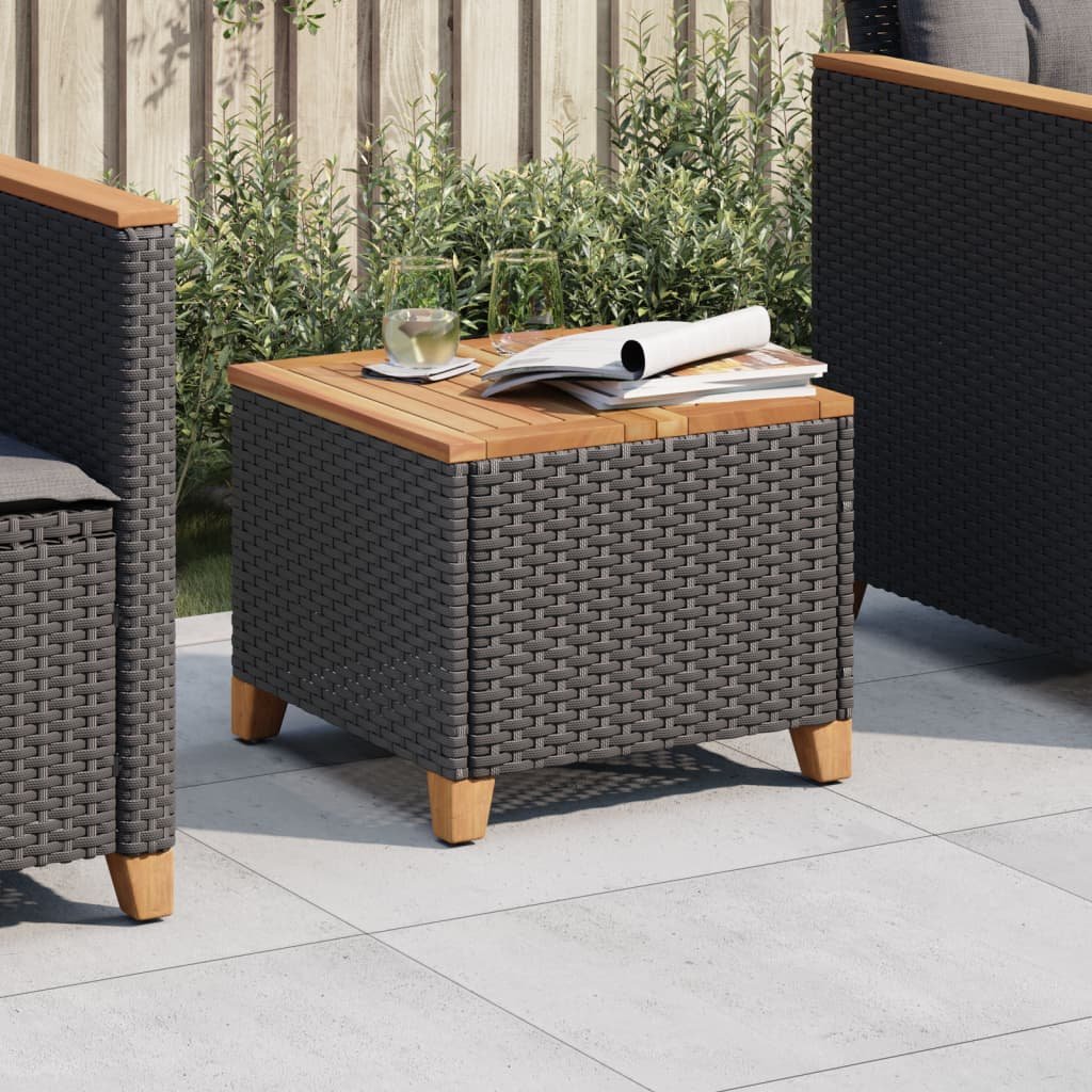 Walplus Poly Rattan Garden Table Acacia - Black - 45 x 45 x 37 cm