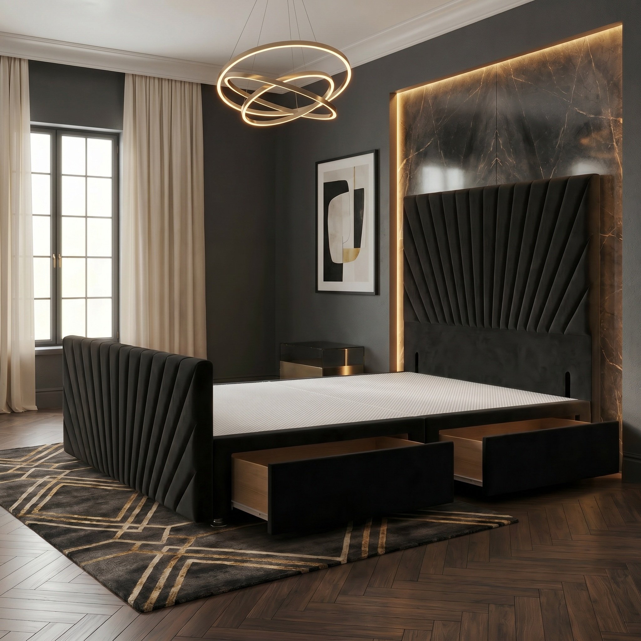 Somnior Velvet King 2 Drawer Divan Bed with Footboard & Headboard - Black