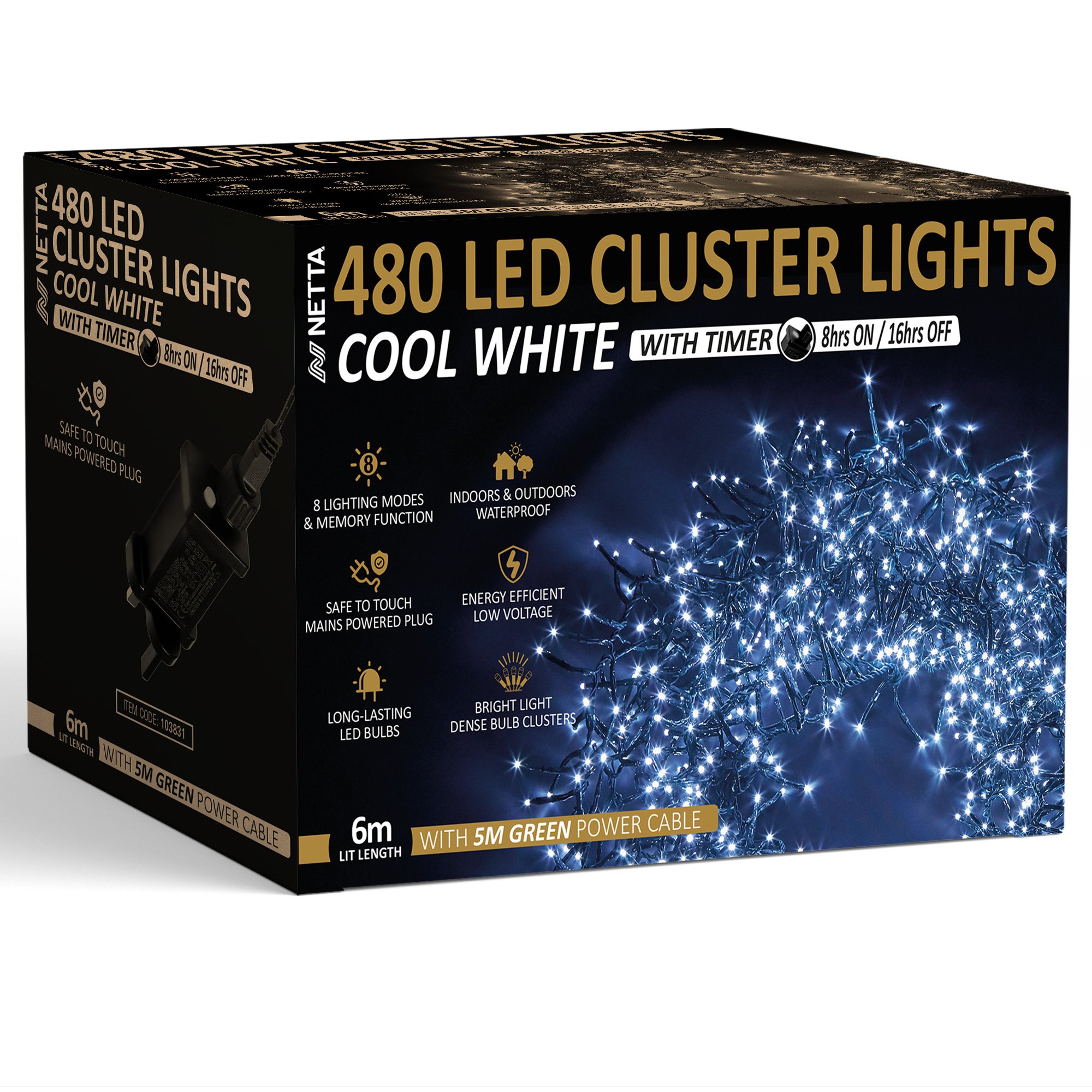 NETTA 480 LED 6m Christmas Cluster String Lights with Timer - Cool White