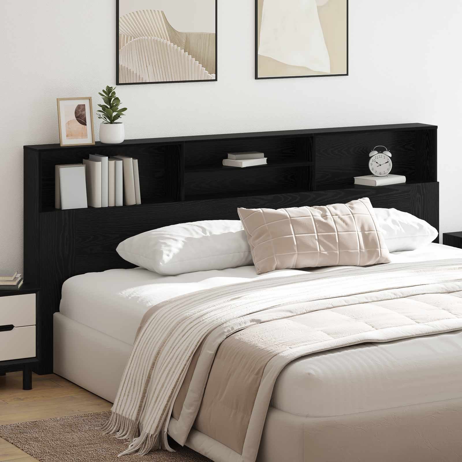Walplus Engineered Wood Headboard Cabinet - Black Ash - 220 x 19 x 101.5 cm