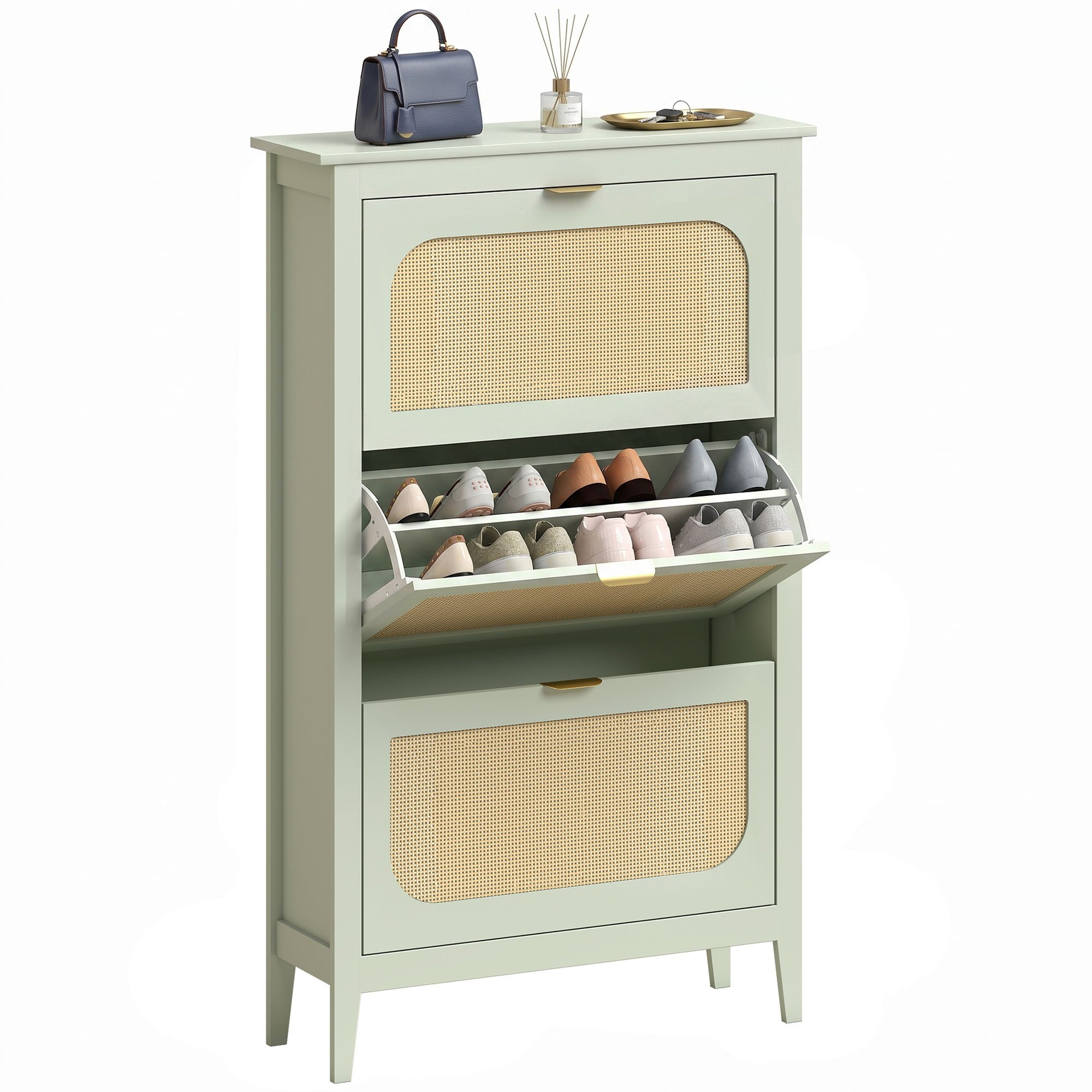 HOMCOM 3 Flip Drawers Boho Slim Shoe Storage Cabinet - Light Green