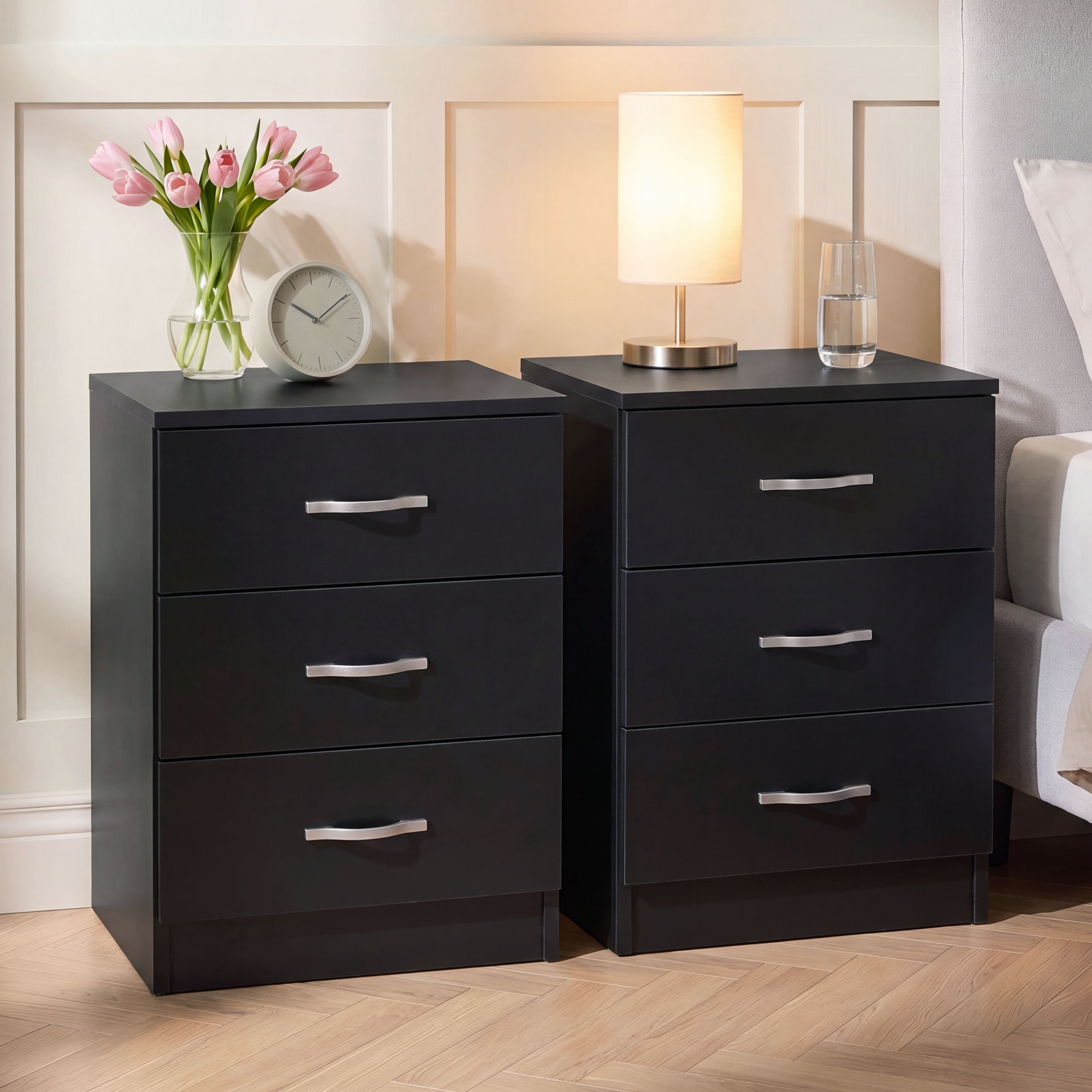 Vida Designs Riano 3 Drawer Bedside Chest Set of 2 - Black