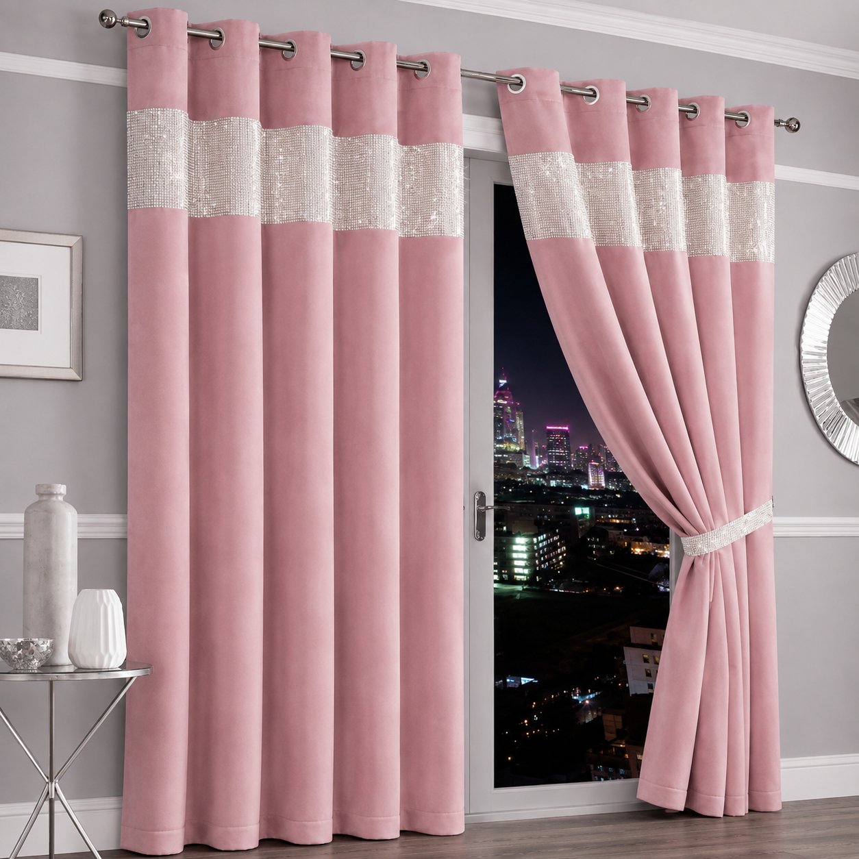 New Edge Blinds Dusky Pink Diamante Blackout Eyelet Curtains - 167cm x 229cm