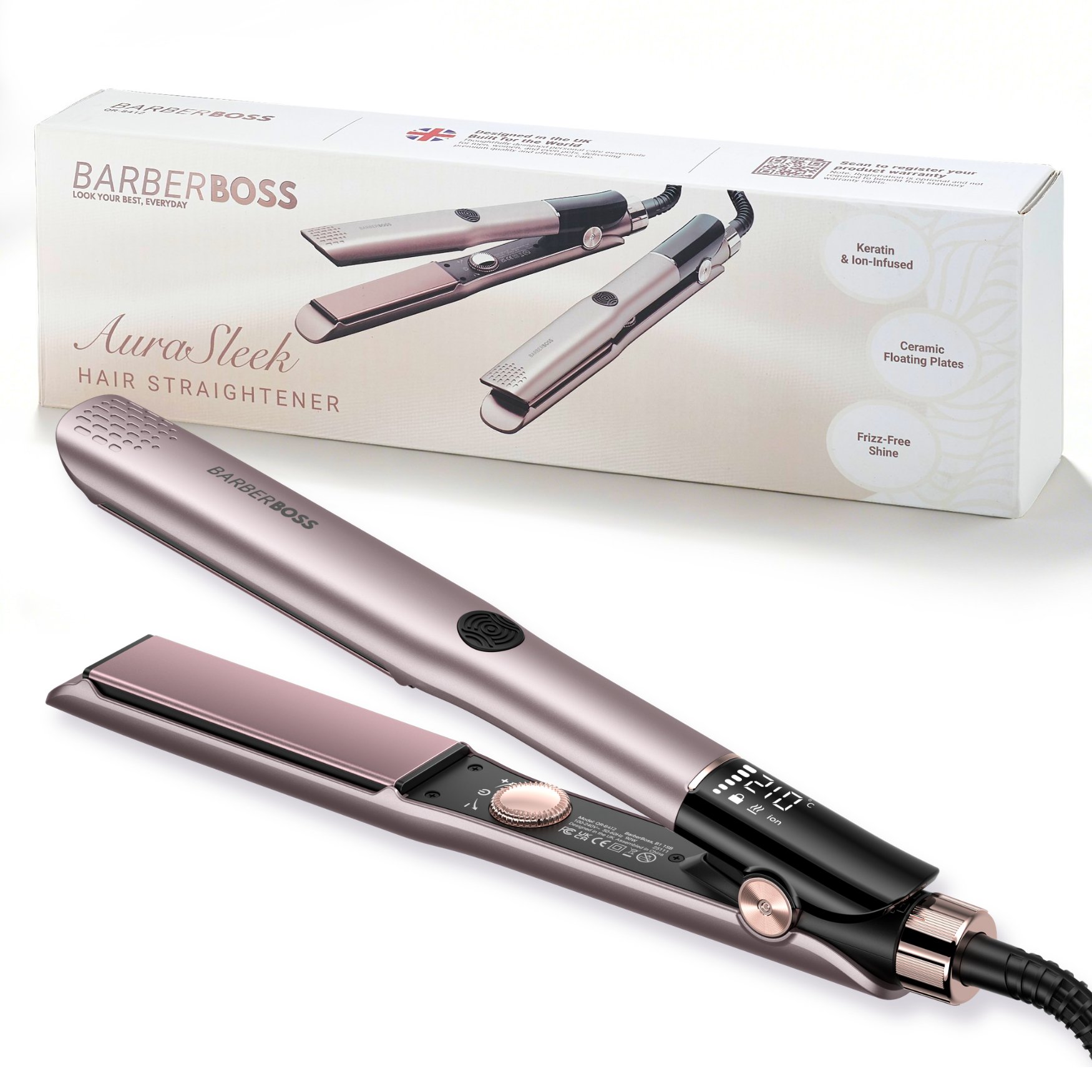 BarberBoss AuraSleek Keratin-Infused Ceramic Hair Straightener - Pink