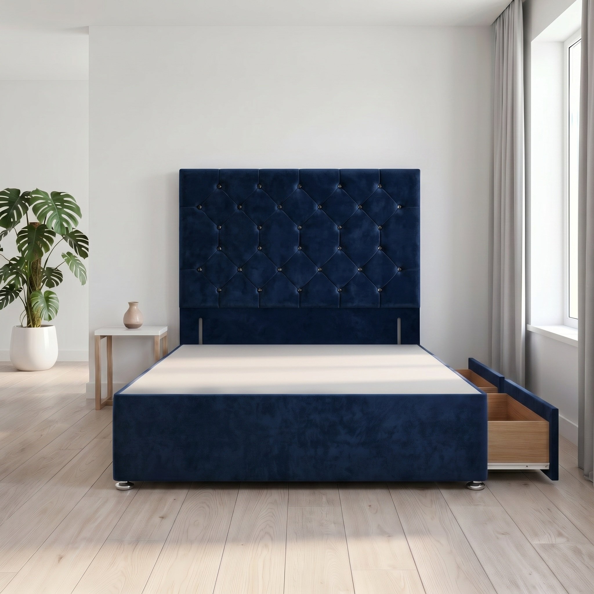 Somnior Diamante Velvet 3FT Single 2 Drawer Divan Bed Base - Navy