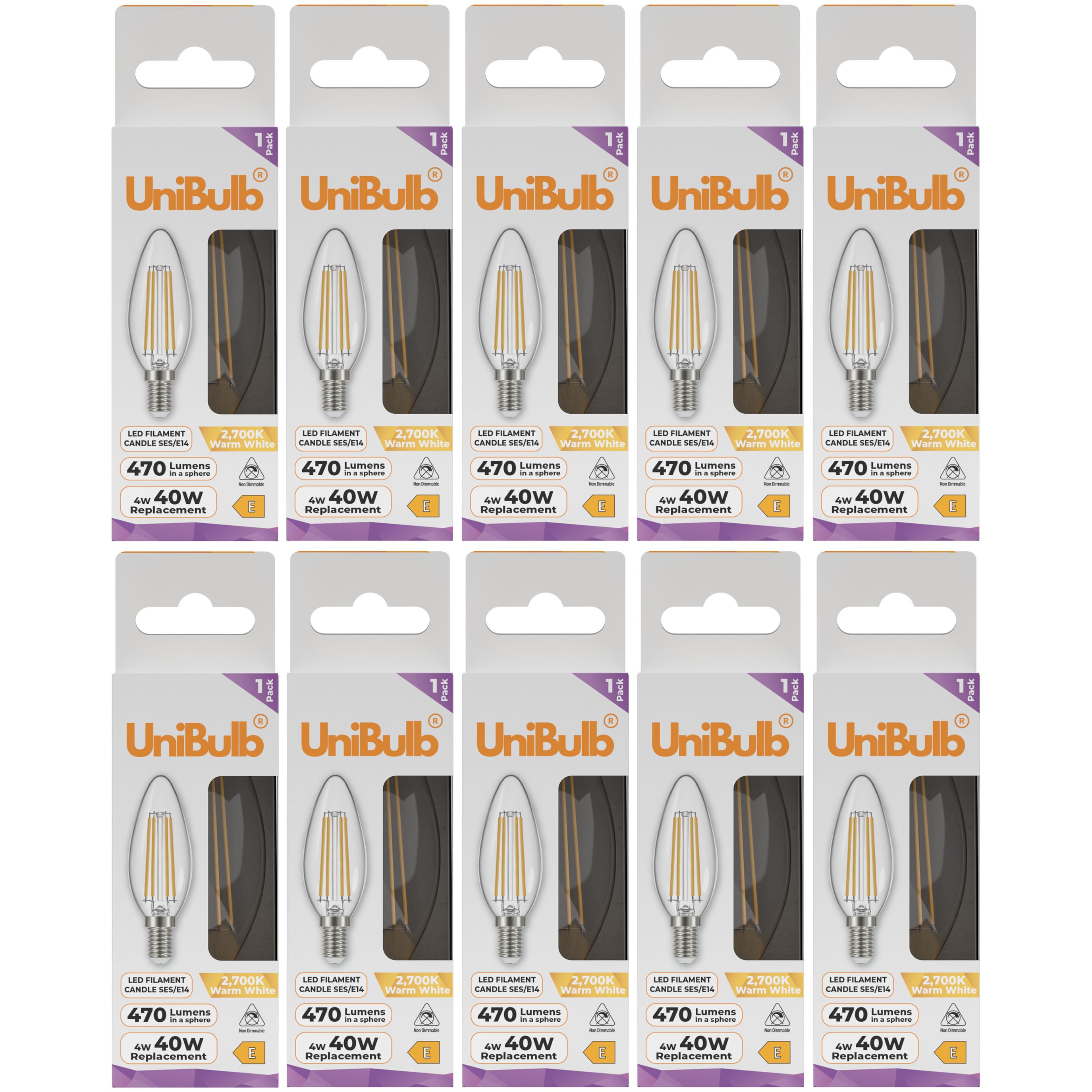 UniBulb 4W LED Warm White Filament Candle E14 Light Bulb - Pack of 10