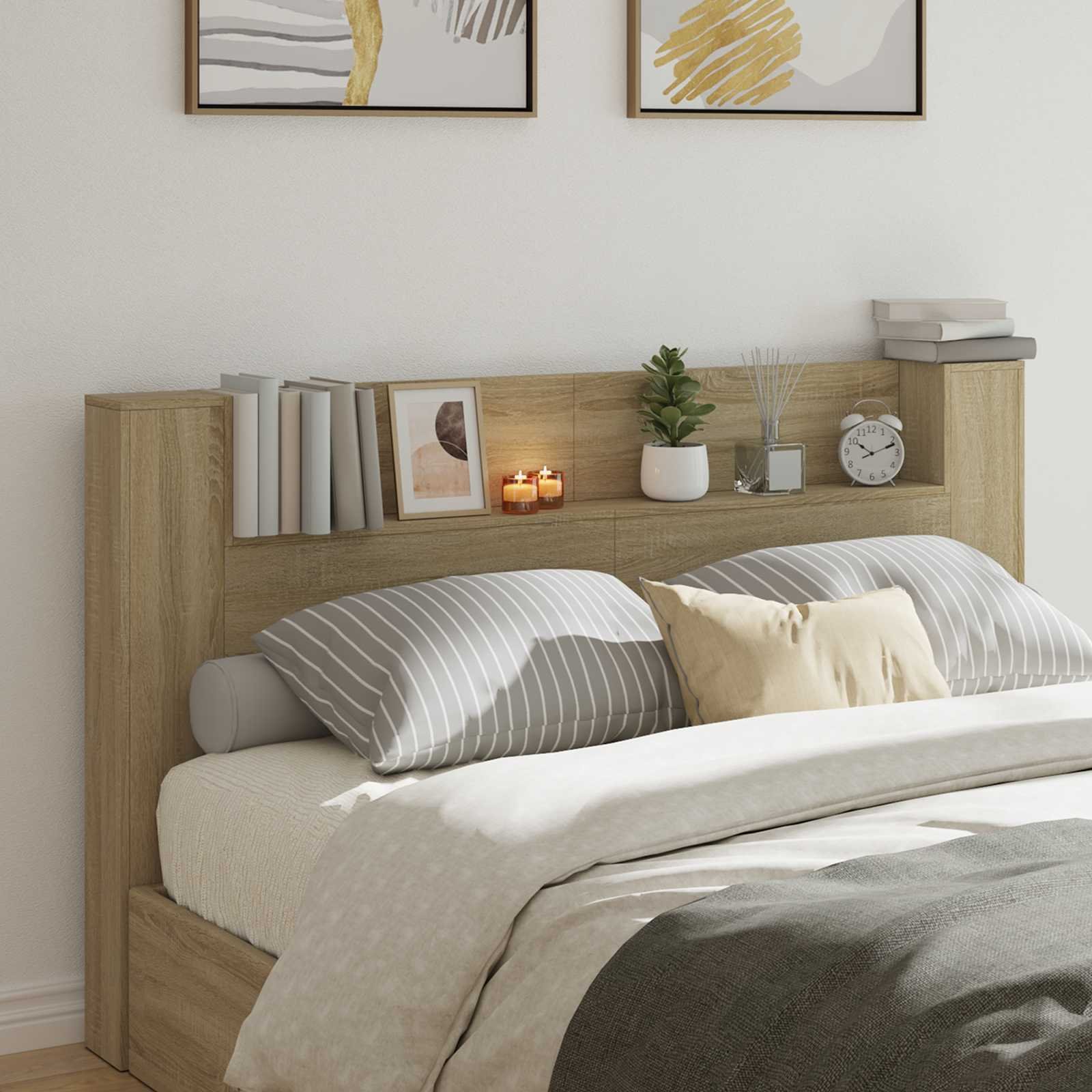 Walplus Engineered Wood LED Headboard Cabinet - Sonoma - 180 x 16.5 x 103.5 cm