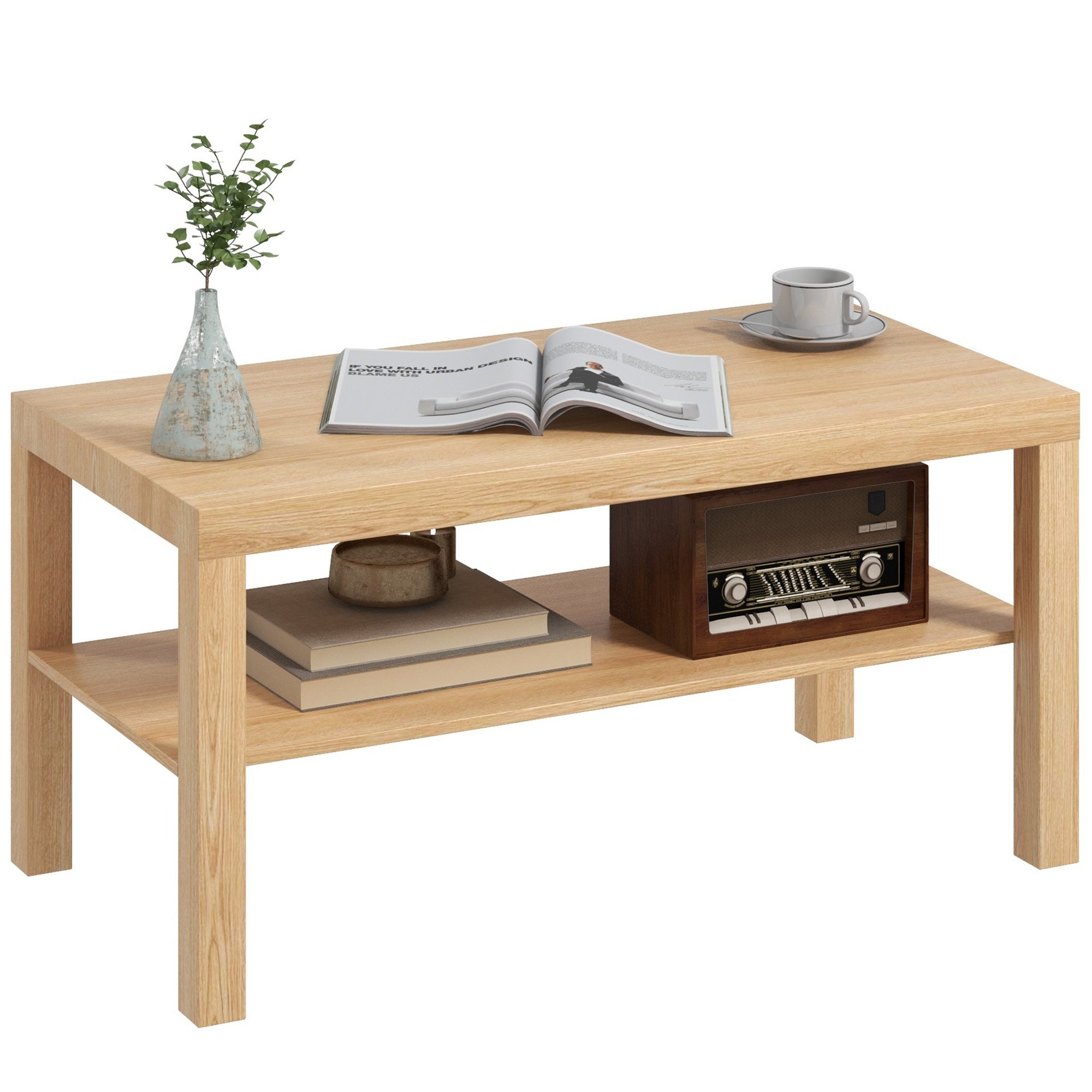 HOMCOM 2-Tier Coffee Table with Storage Shelf - Natural Wood Finish