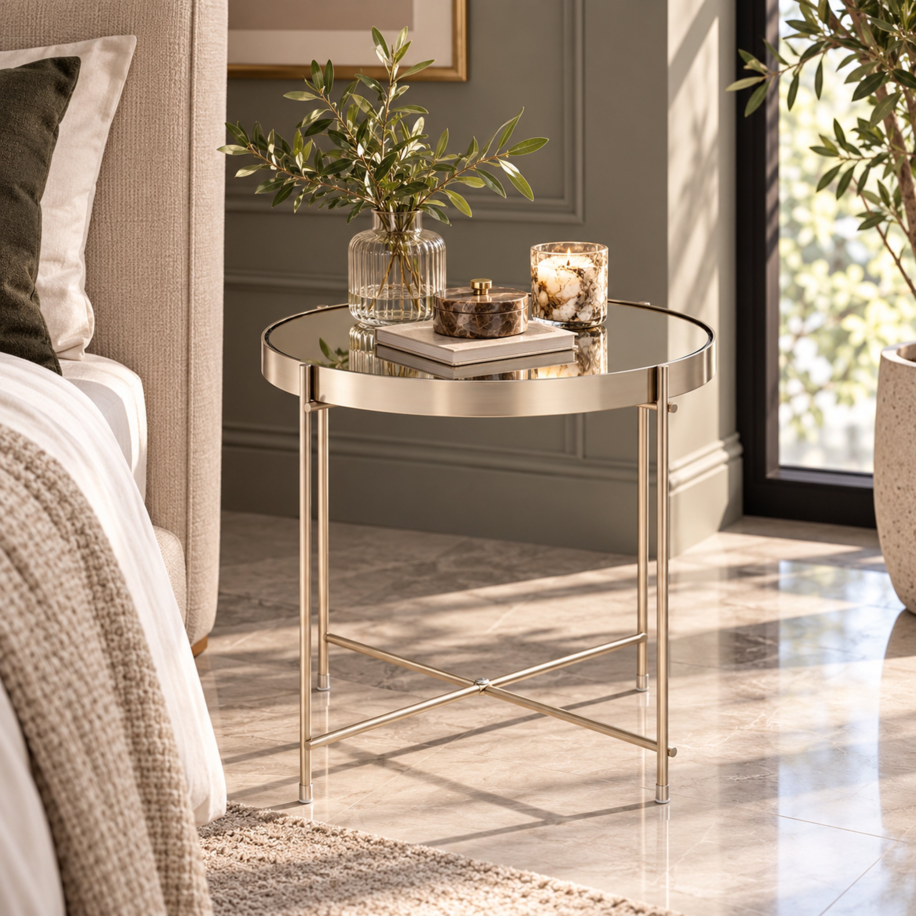 Orsina Mirrored Round Low Side Table – Silver