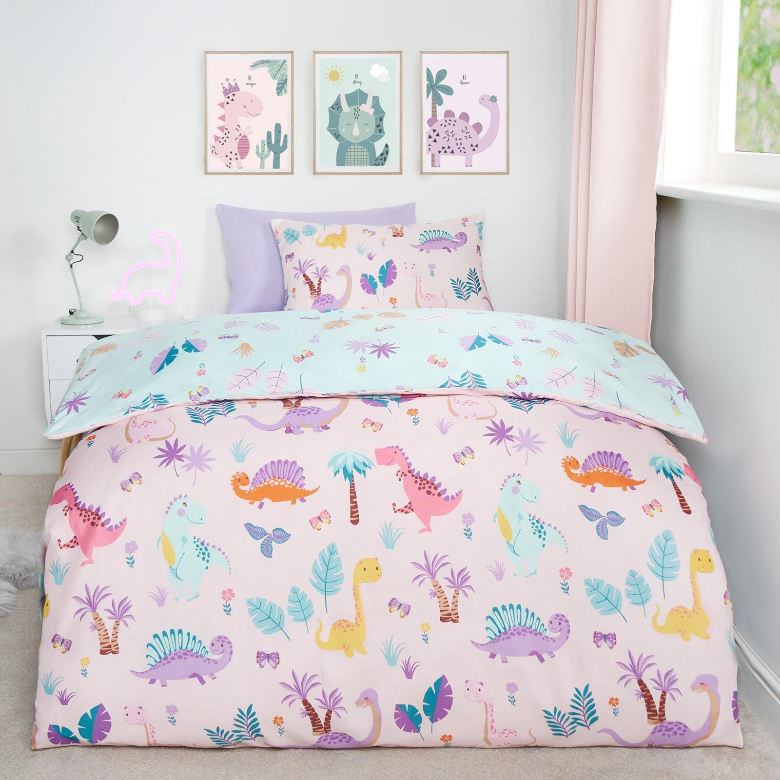 OHS Dino Duvet Cover Bedding Set Reversible Kids Pink - Single