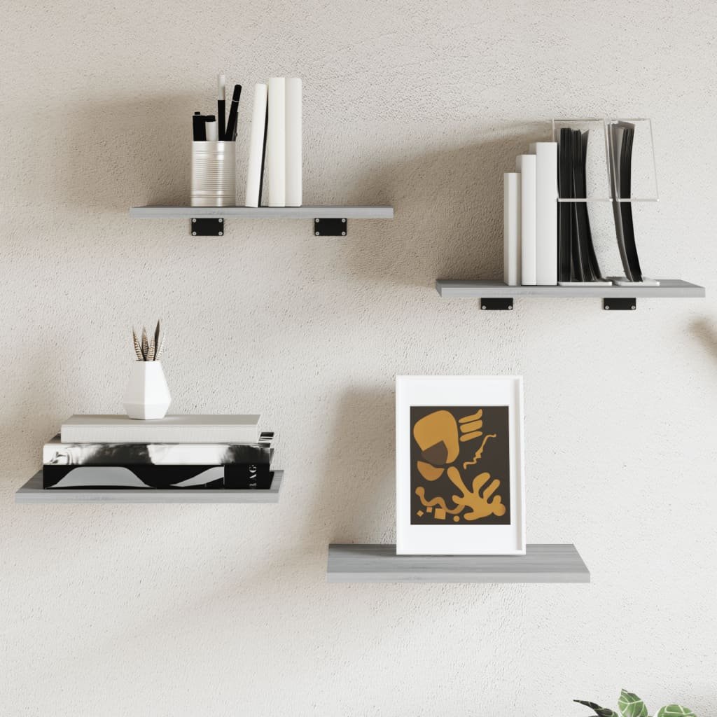 Walplus Pack of 4 Engineered Wood Wall Shelf - Grey and Oak - 40 x 30 x 1.5 cm