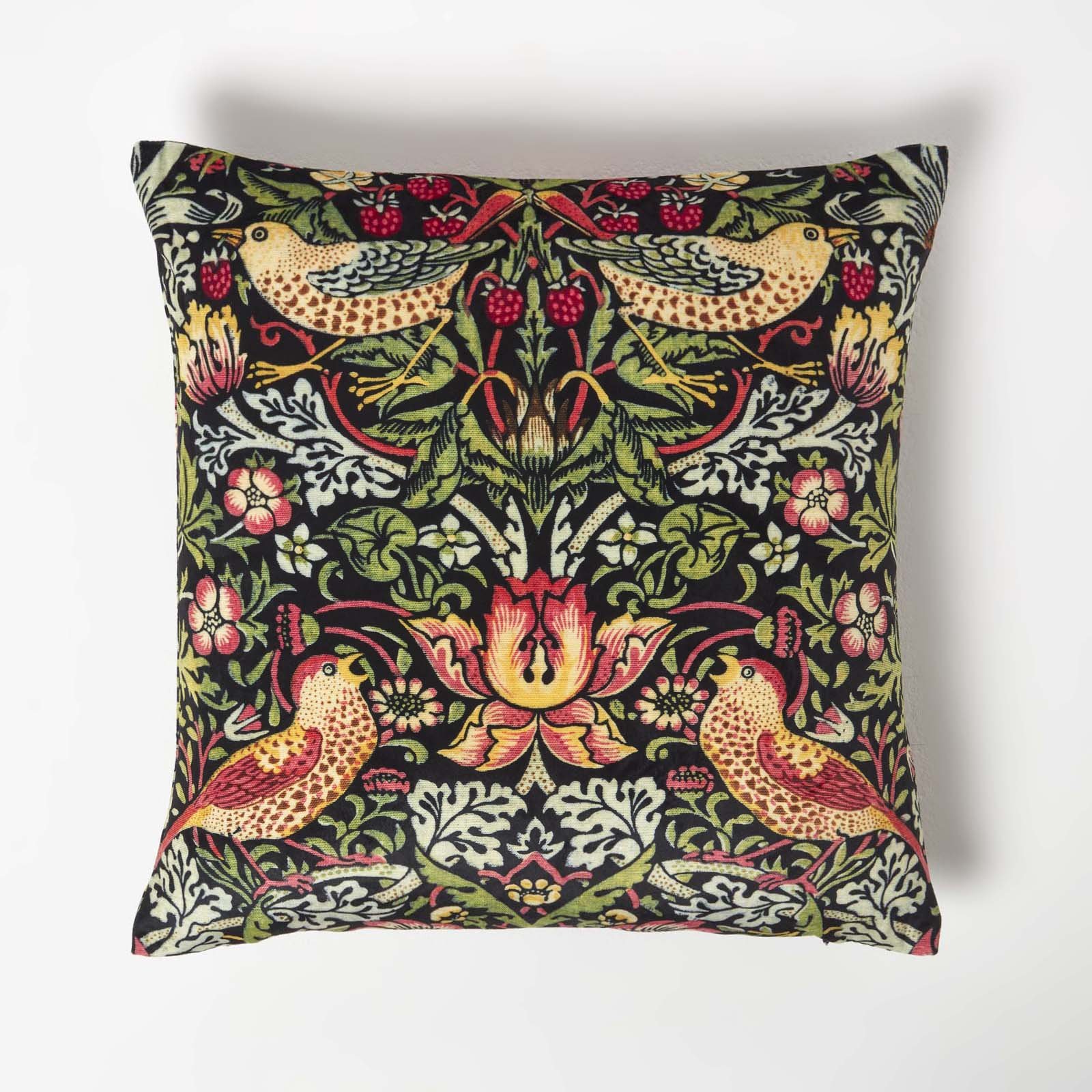 Homescapes Black William Morris Strawberry Thief Velvet Cushion