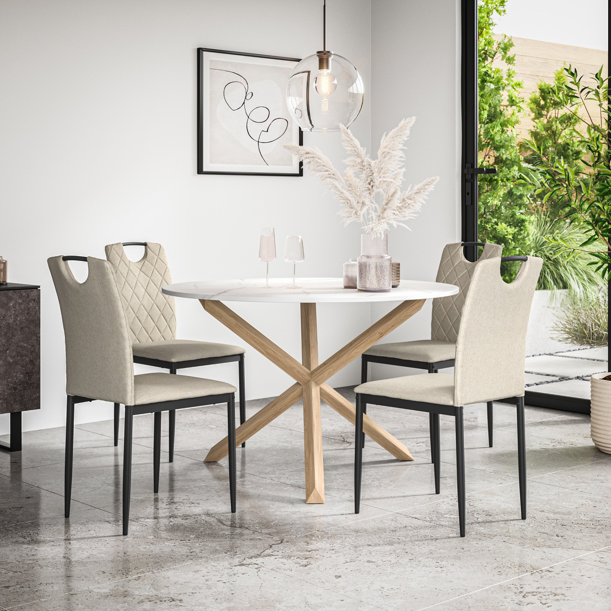 Furniture Online Malvern Monza Marble Top Dining Table & 4 Beige Chairs
