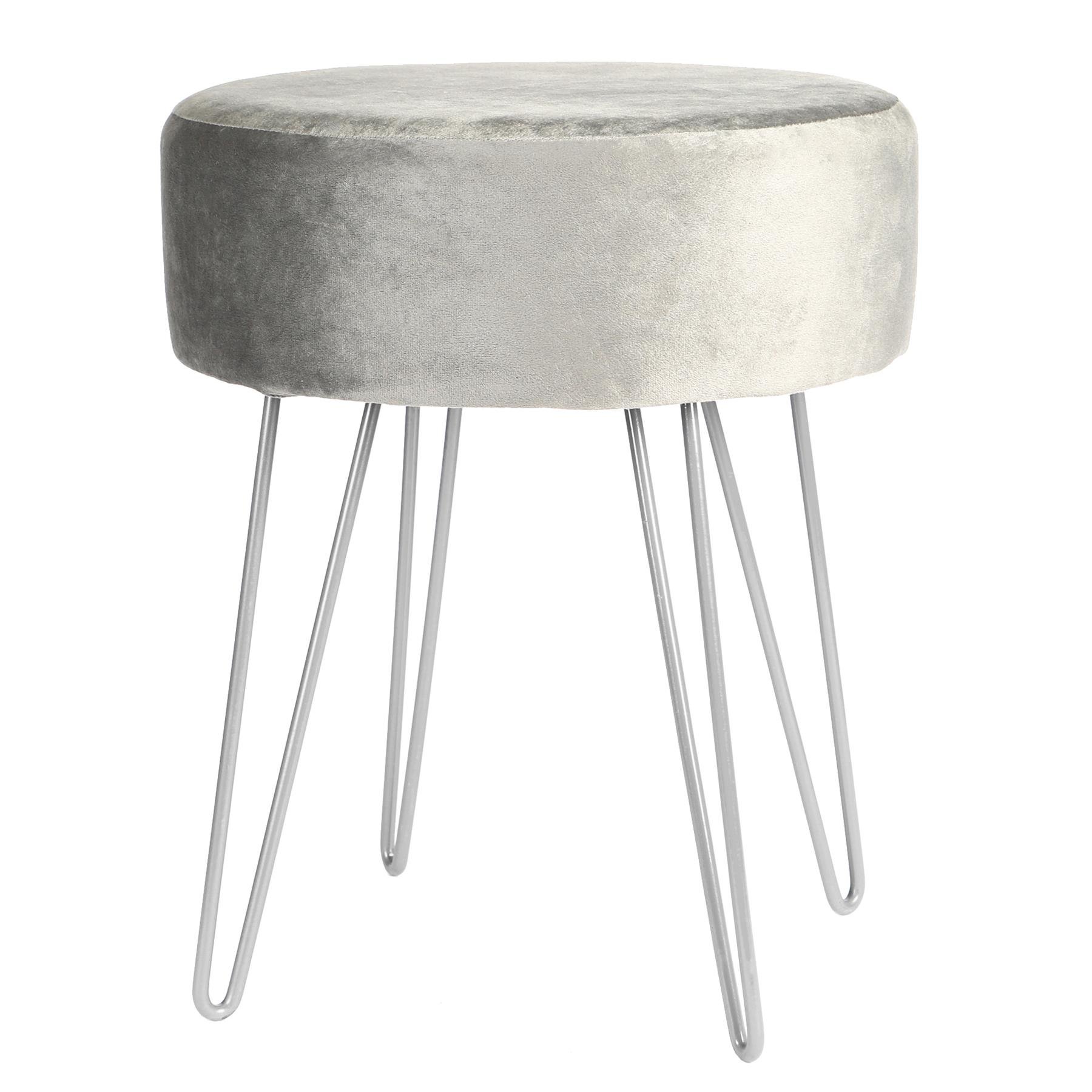 Harbour Housewares Round Velvet Footstool with Silver Legs - Grey