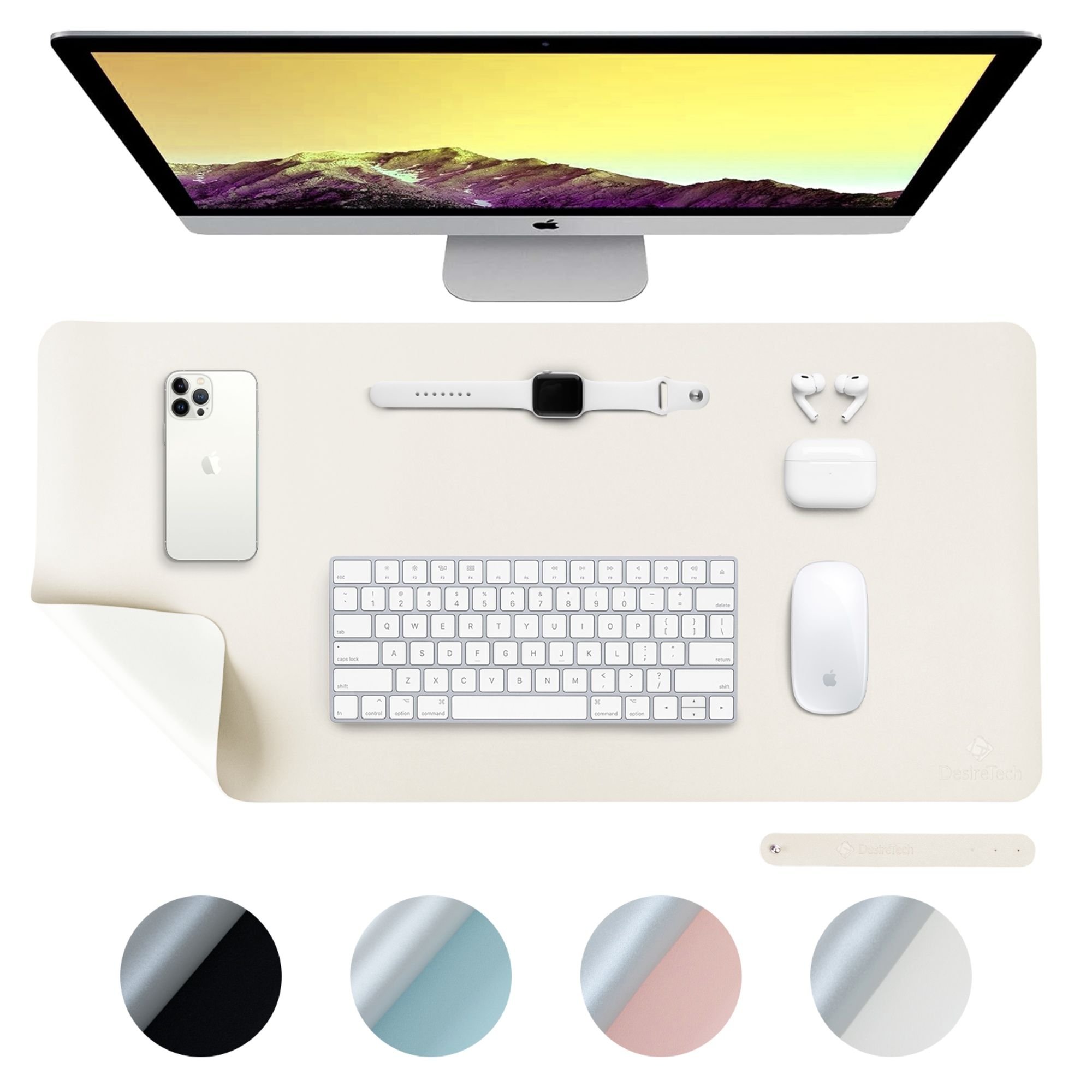 Desiretech Reversible Faux Leather Desk Mat - 43 x 89cm - Ivory & Silver