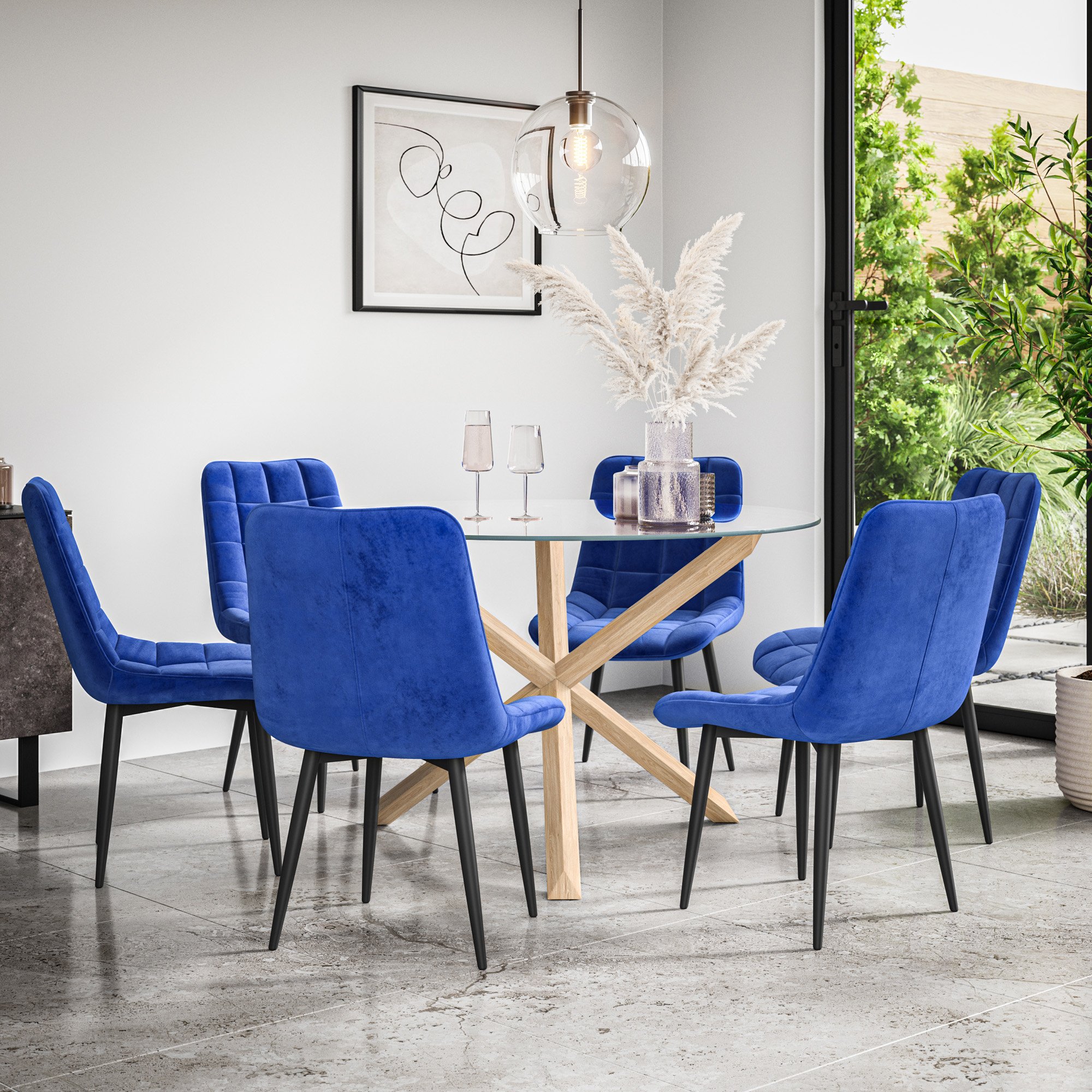 Furniture Online Malvern Nova Glass Top Dining Table & 6 Blue Chairs
