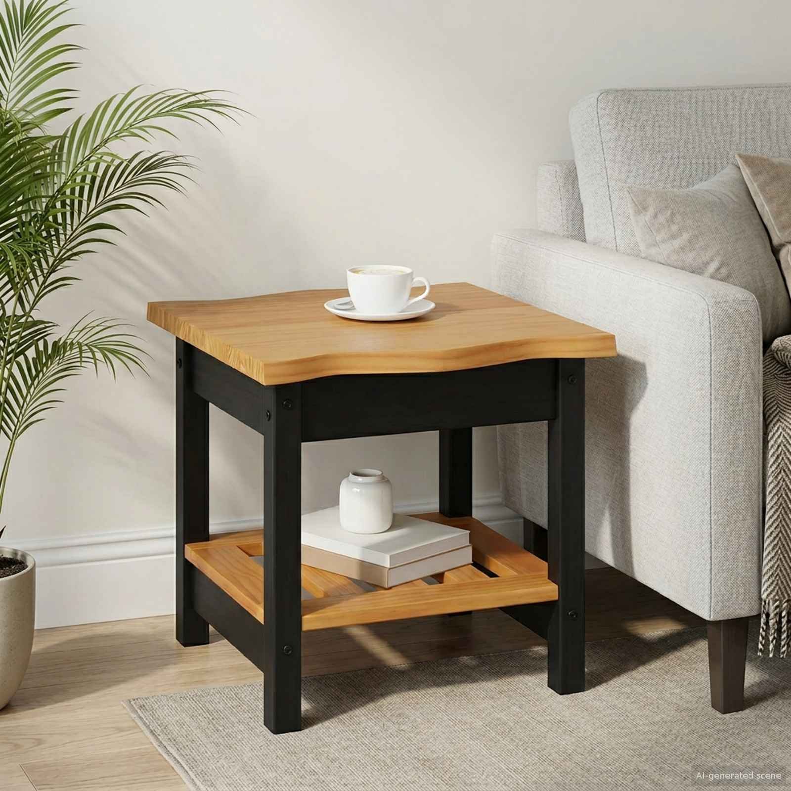 Walplus Solid Pine Side Table - Black - 50 x 50 x 45.5 cm