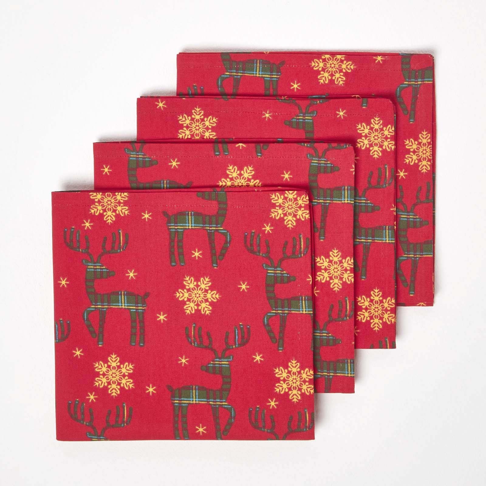 Homescapes Pack of 4 Christmas Reindeer Napkins - Red