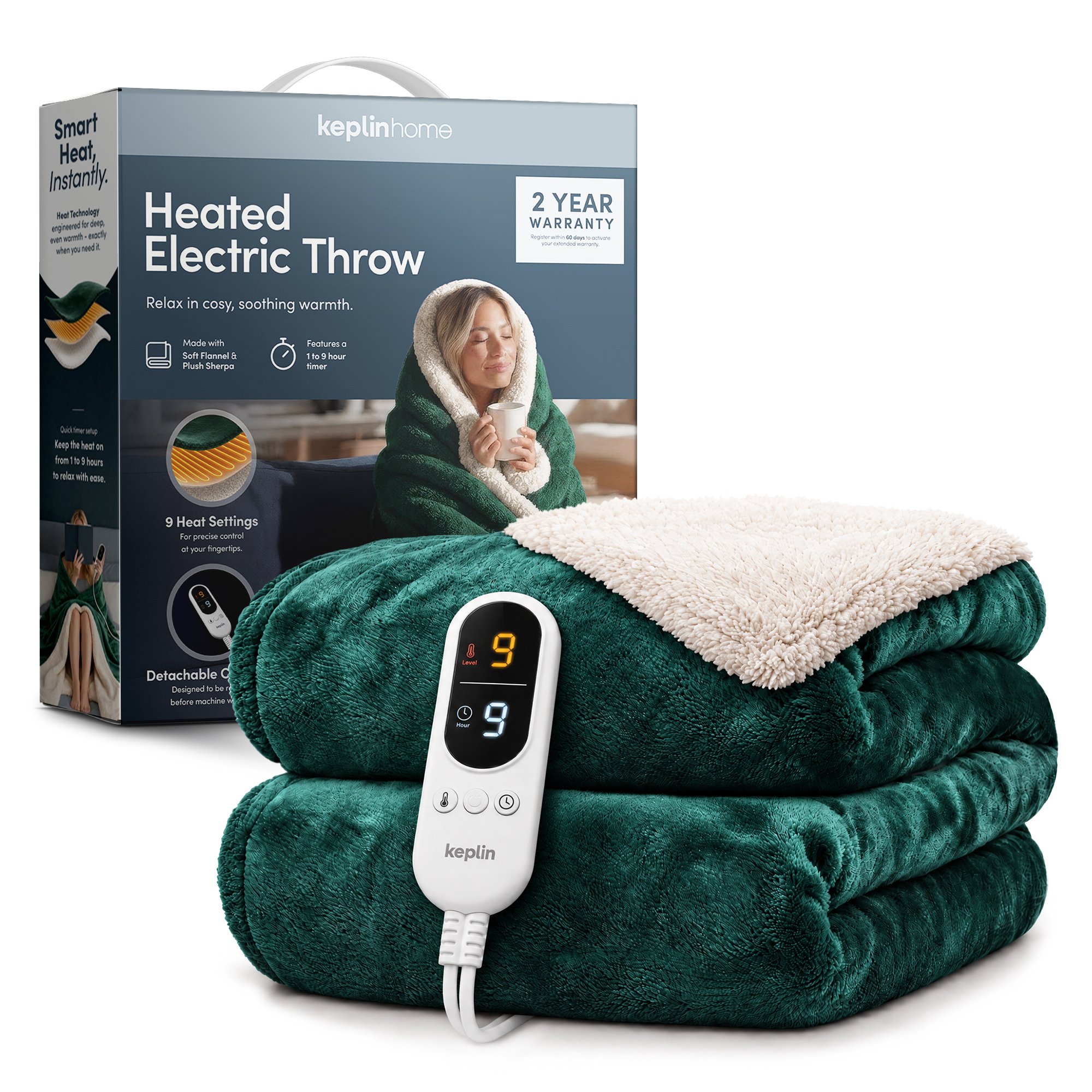 Keplin Sherpa Electric Heated Throw Blanket - Emerald Green & Cream