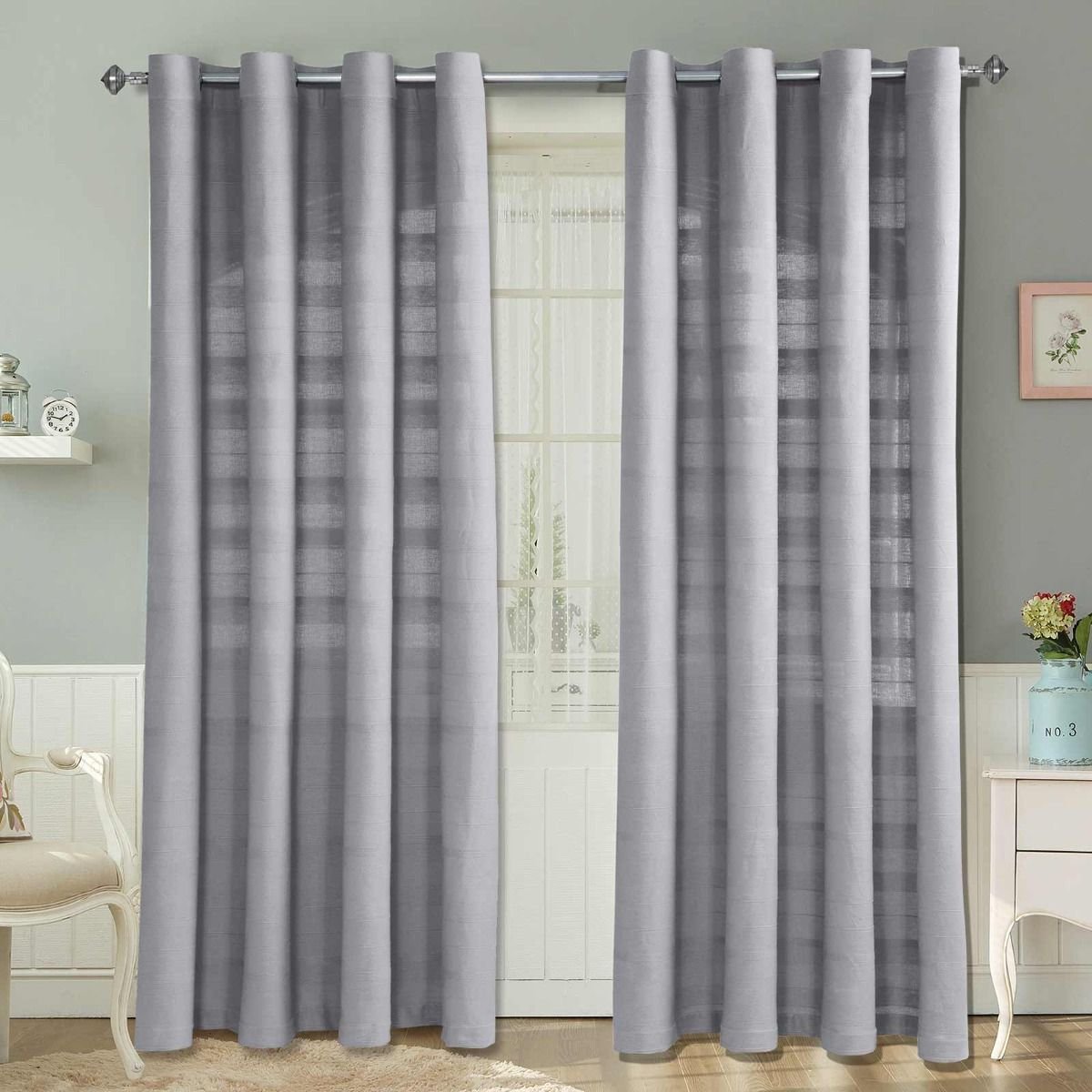 Homescapes Silver Grey Cotton Rajput Ribbed Curtains - 167cm x 182cm