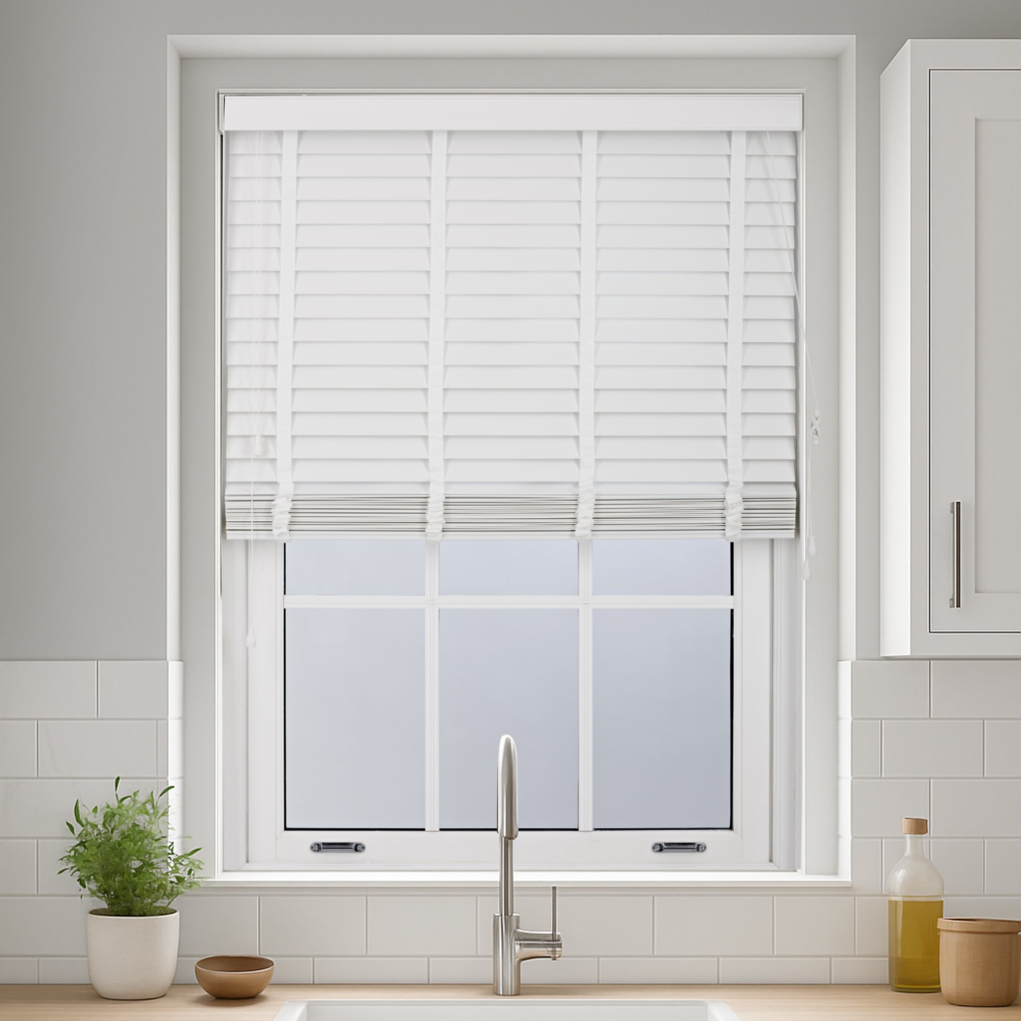 Furnished White Faux Wood Venetian Blind with Tape - 75 x 150cm