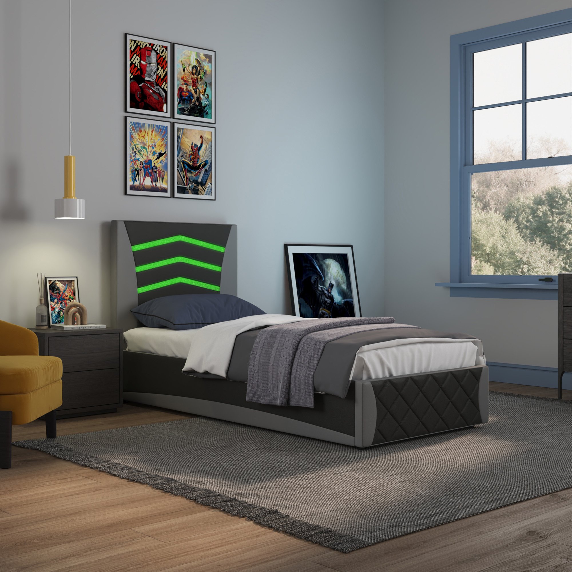 Slumberworks Galaxy Ottoman LED Single Bed Frame with Mattress - Black & Grey