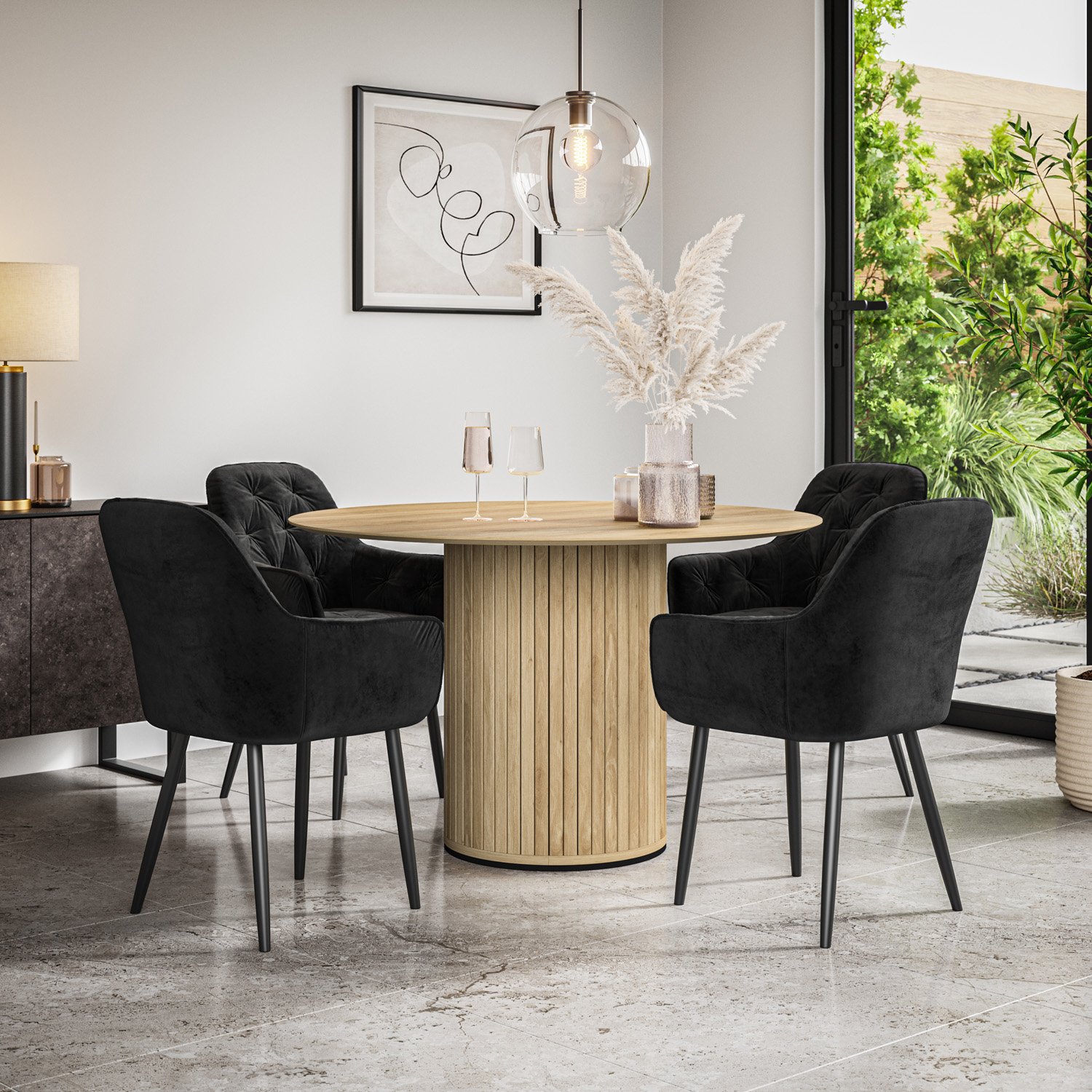 Furniture Online Arlo Anika Oak Top w Oak Legs Dining Table & 4 Black Chairs