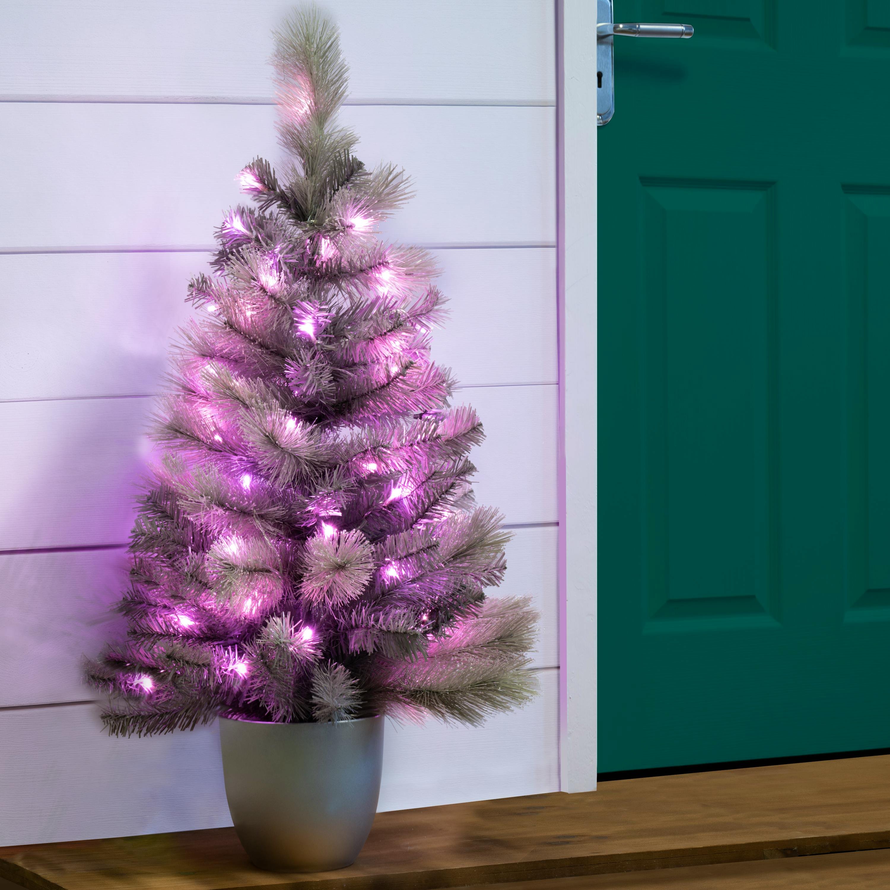 Christmas Tree World 3ft Potted Silver Majestic Pine Tree - Pink LED Lights
