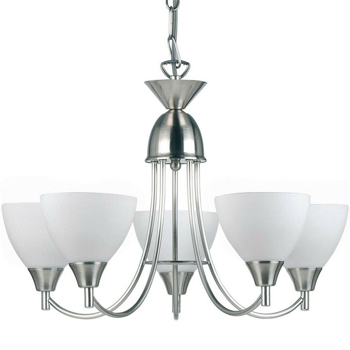 Loops Direct Steel and Glass 5-Light Pendant - Satin Chrome and Matt Opal Glass