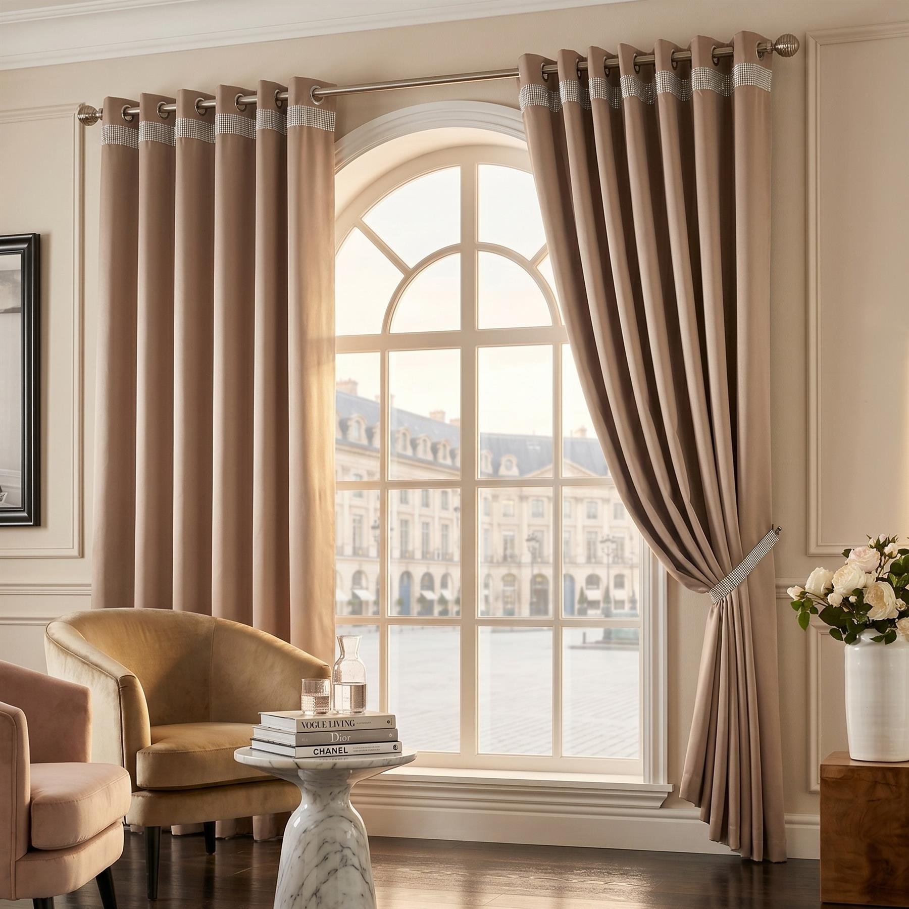 Luxury Living Palace Diamante Eyelet Blackout Curtains 168cm x 229cm - Beige