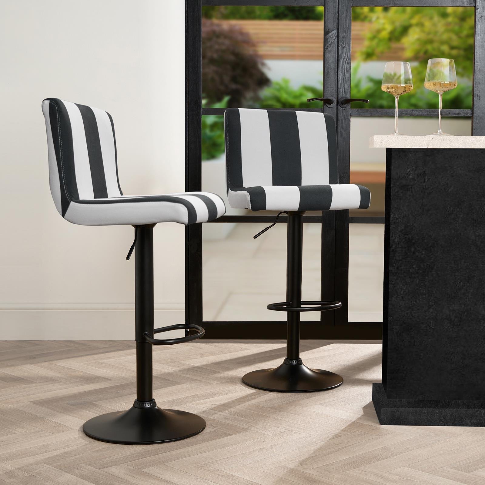 OHS Set of 2 Adjustable Striped Velvet Bar Stools - Black/White