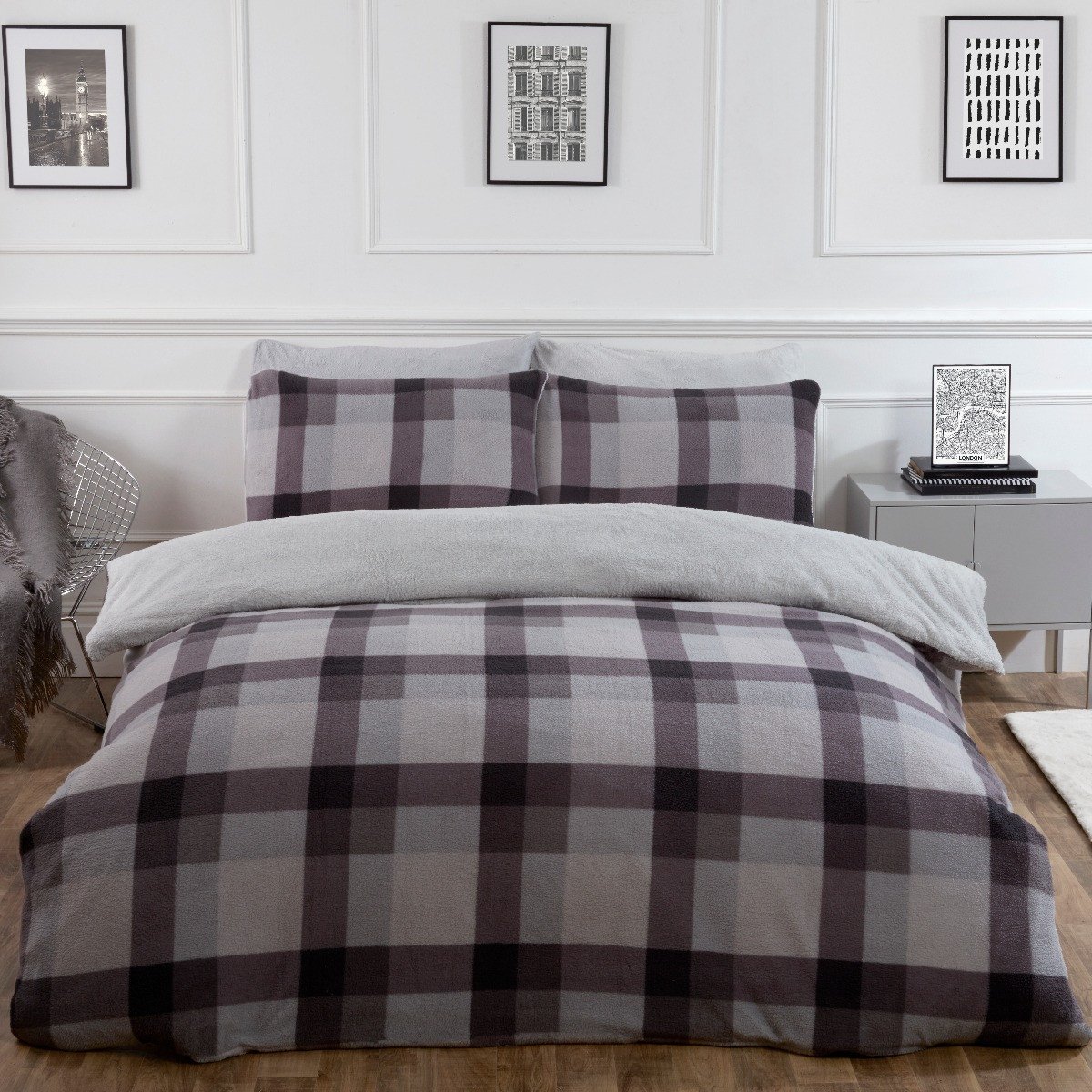 OHS Check Teddy Duvet Cover Set Grey - Double