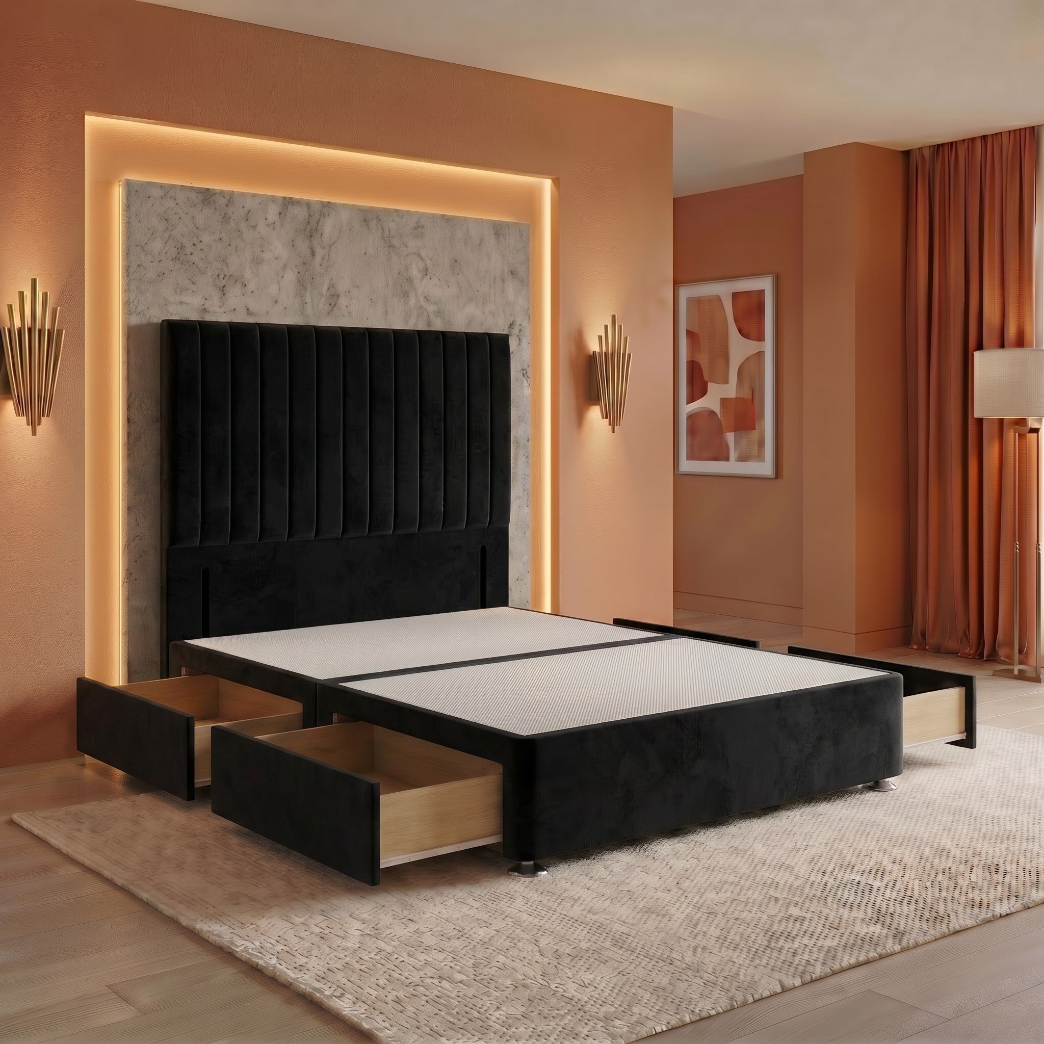 Somnior Heritage Velvet Super King 4 Drawer Divan Bed Base 54" Headboard - Black