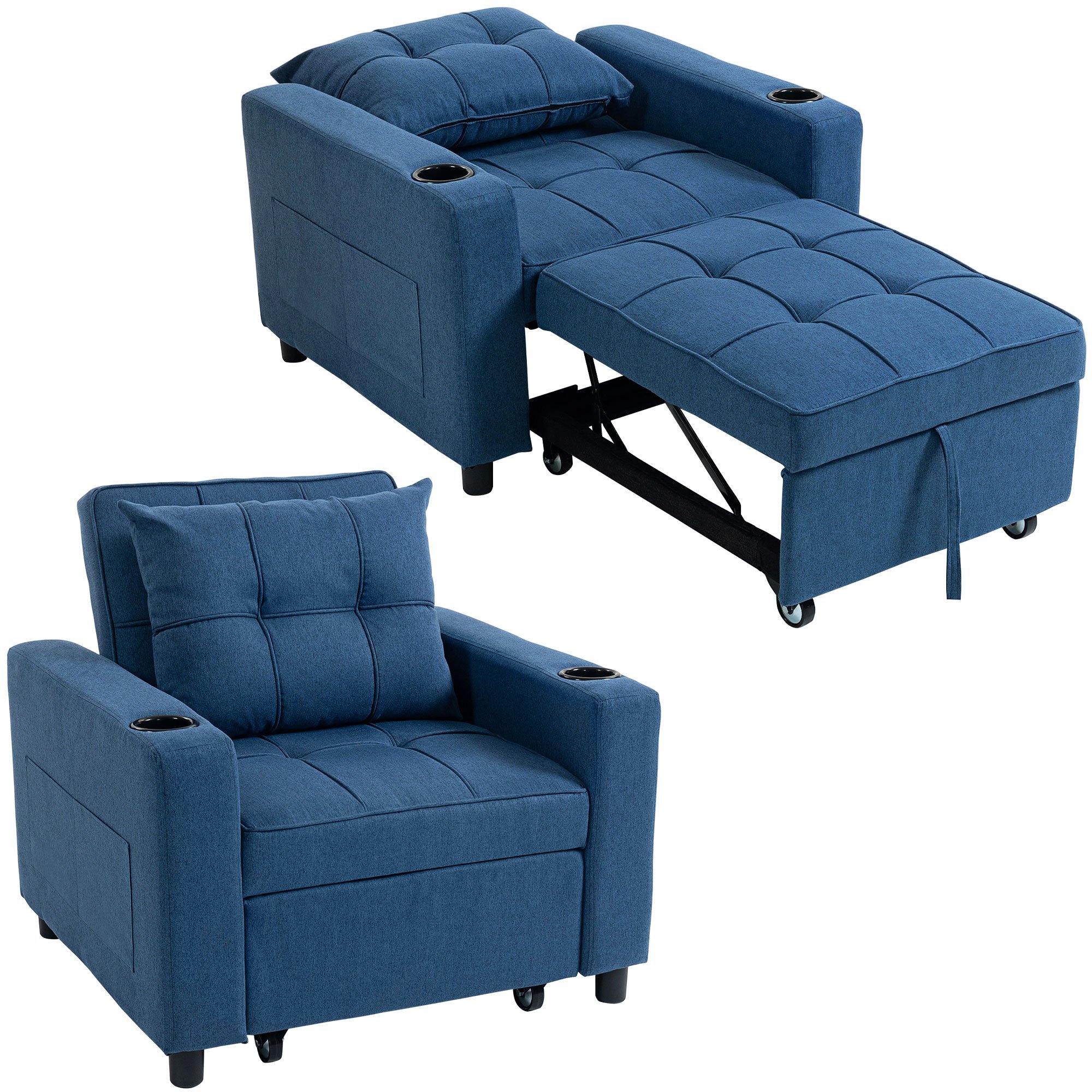 HOMCOM 3 in 1 Fabric Adjustable Sofa Bed with Cup Holder - Blue