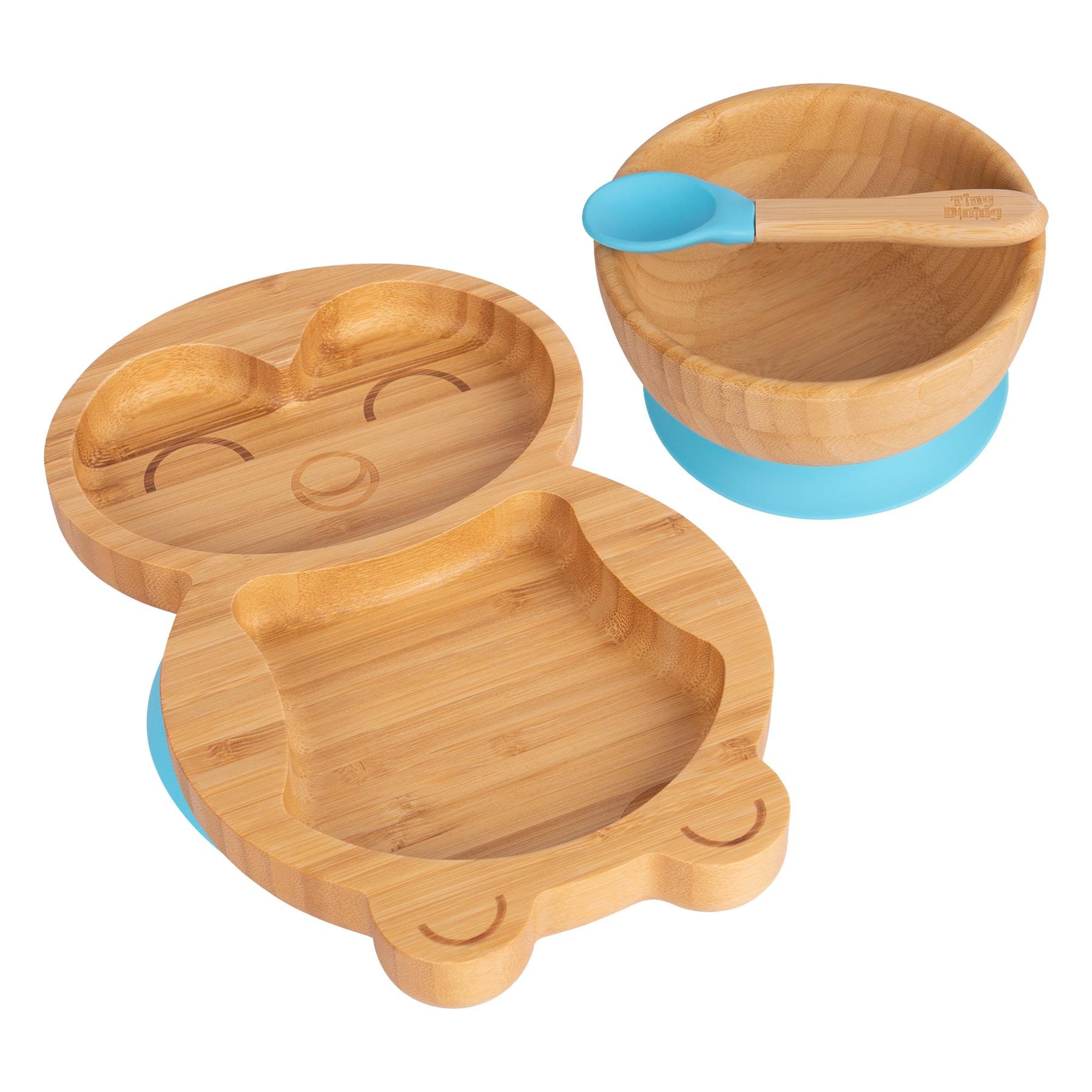 Tiny Dining Children's Bamboo Suction Penguin Dinner Set - Blue