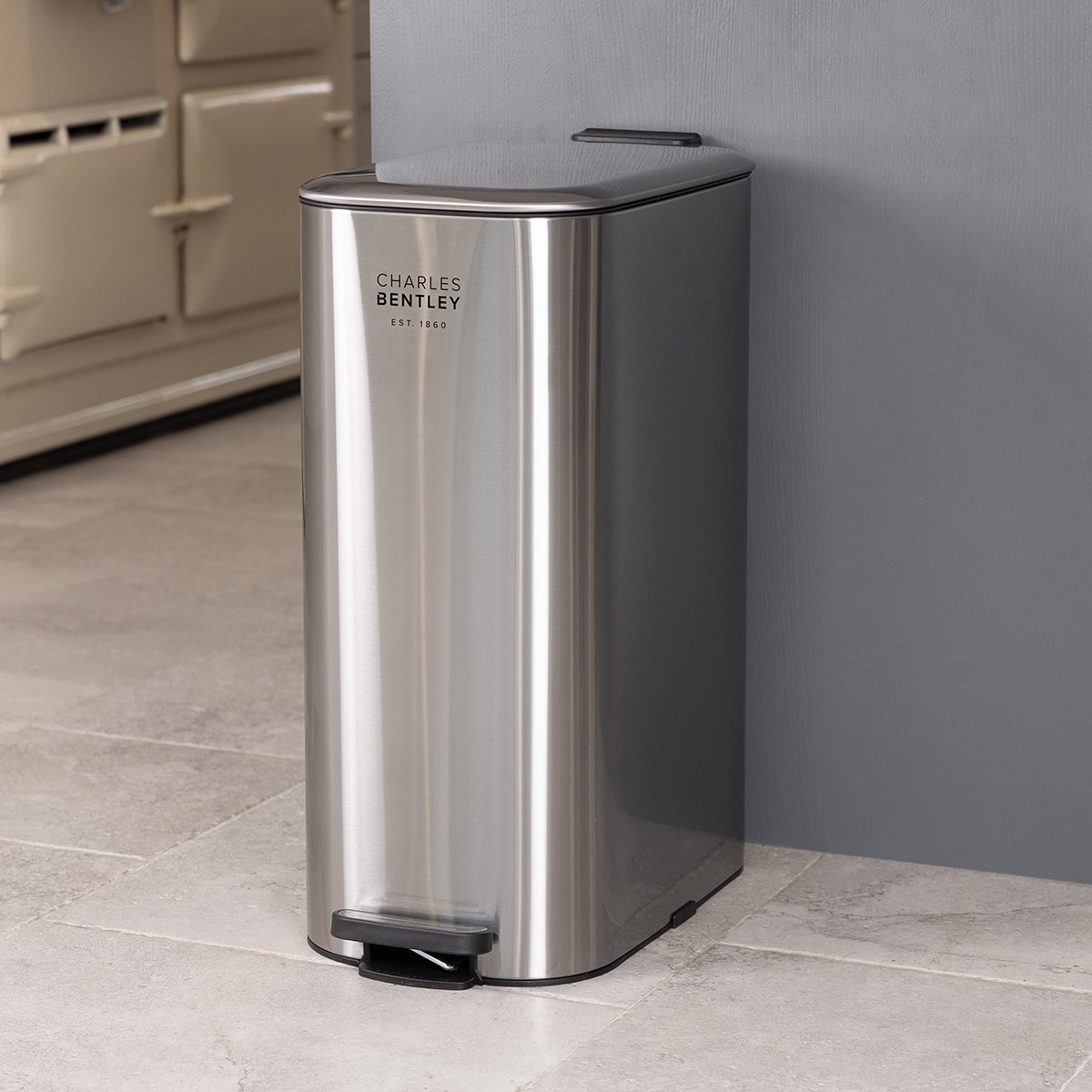 Charles Bentley 30L Slimline Rectangular Kitchen Pedal Bin - Silver