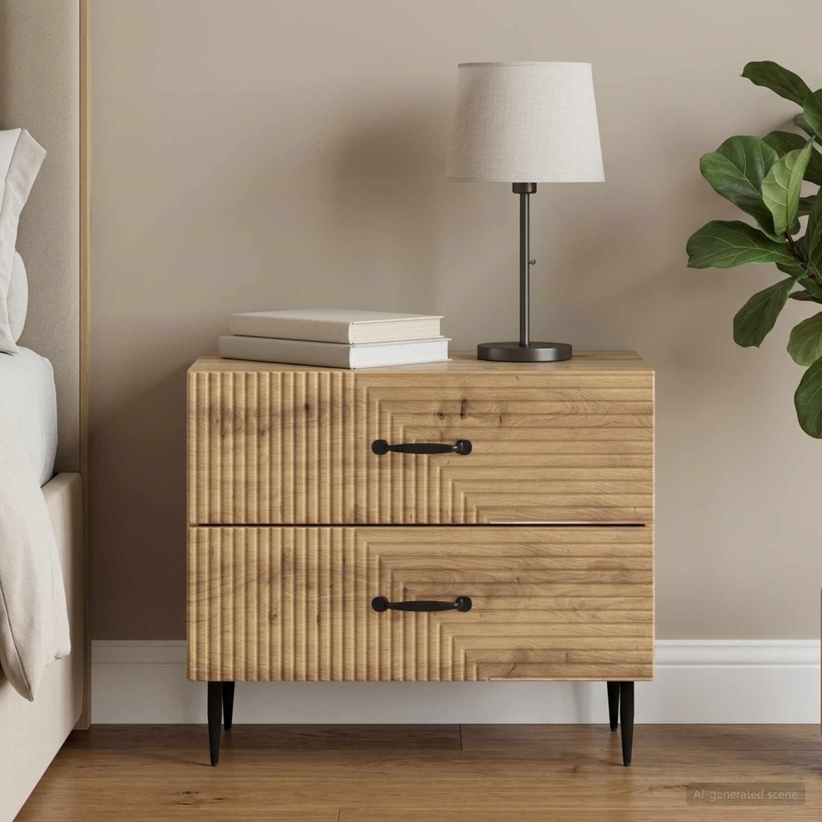 Walplus 2 Drawer Bedside Cabinet Metal Legs - Artisan Oak - 62 x 34.5 x 47.5 cm