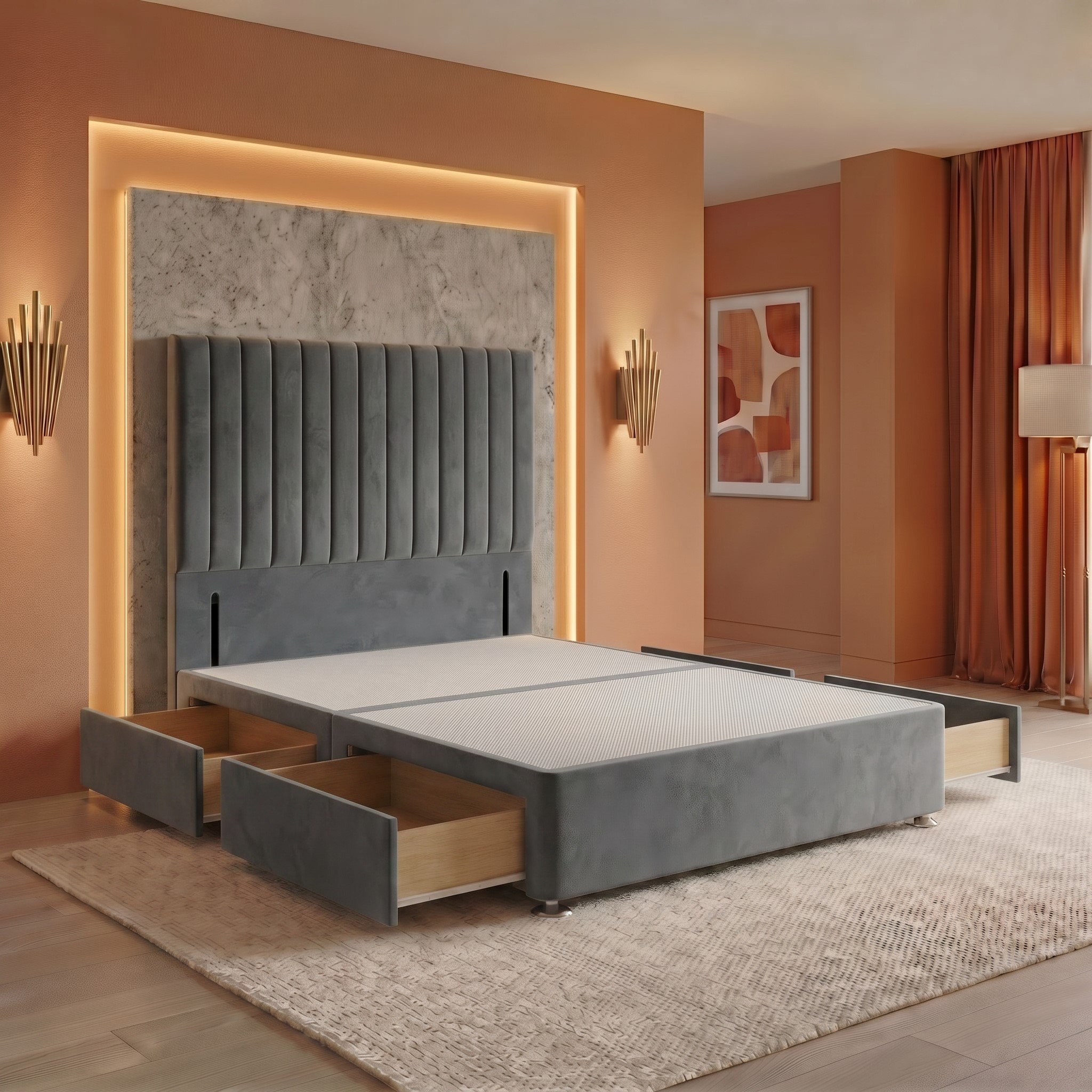Somnior Heritage Velvet Double 4 Drawer Divan Bed Base 54" Headboard - Charcoal