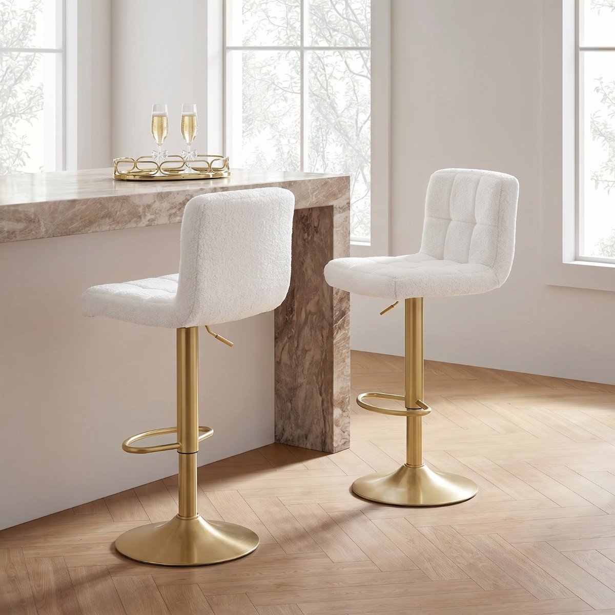 OHS Set of 2 Adjustable Bouclé Bar Stools - Cream/Gold