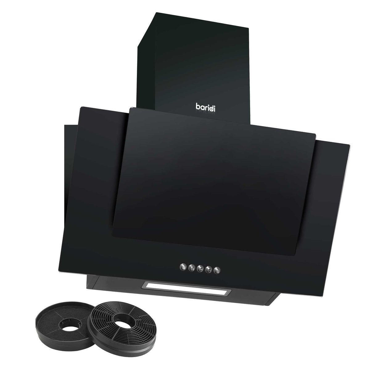 Baridi 60cm Angled Chimney Cooker Hood - Black Glass