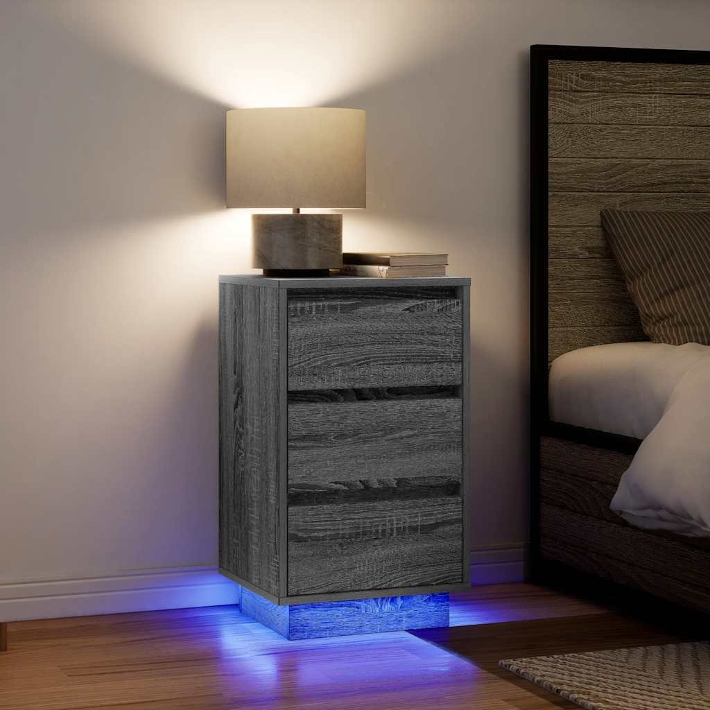 Walplus LED 3 Drawer Bedside Cabinet - Grey and Oak - 38 x 34 x 65 cm
