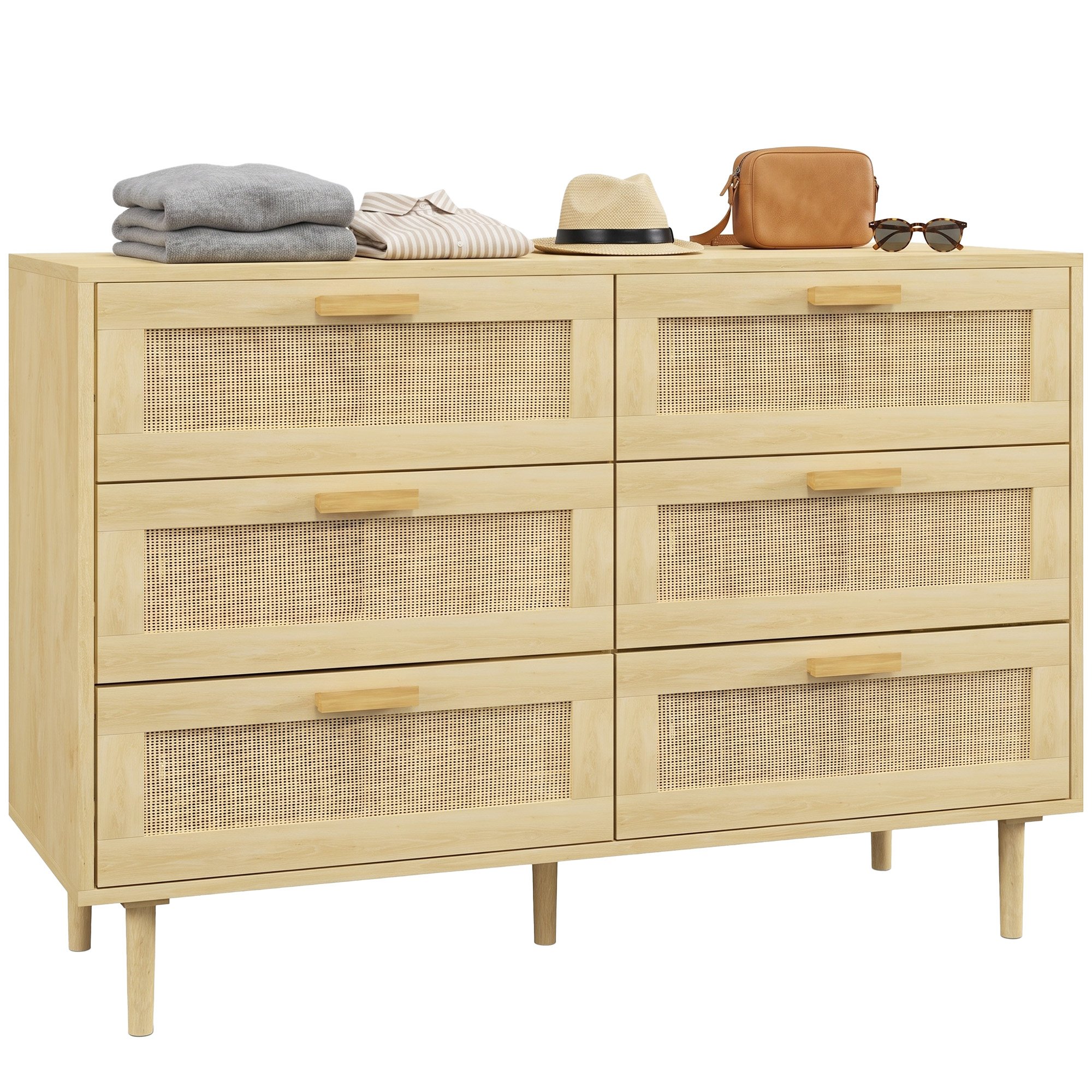 HOMCOM Bohemian 6 Drawer Chest with Rattan Element - Oak