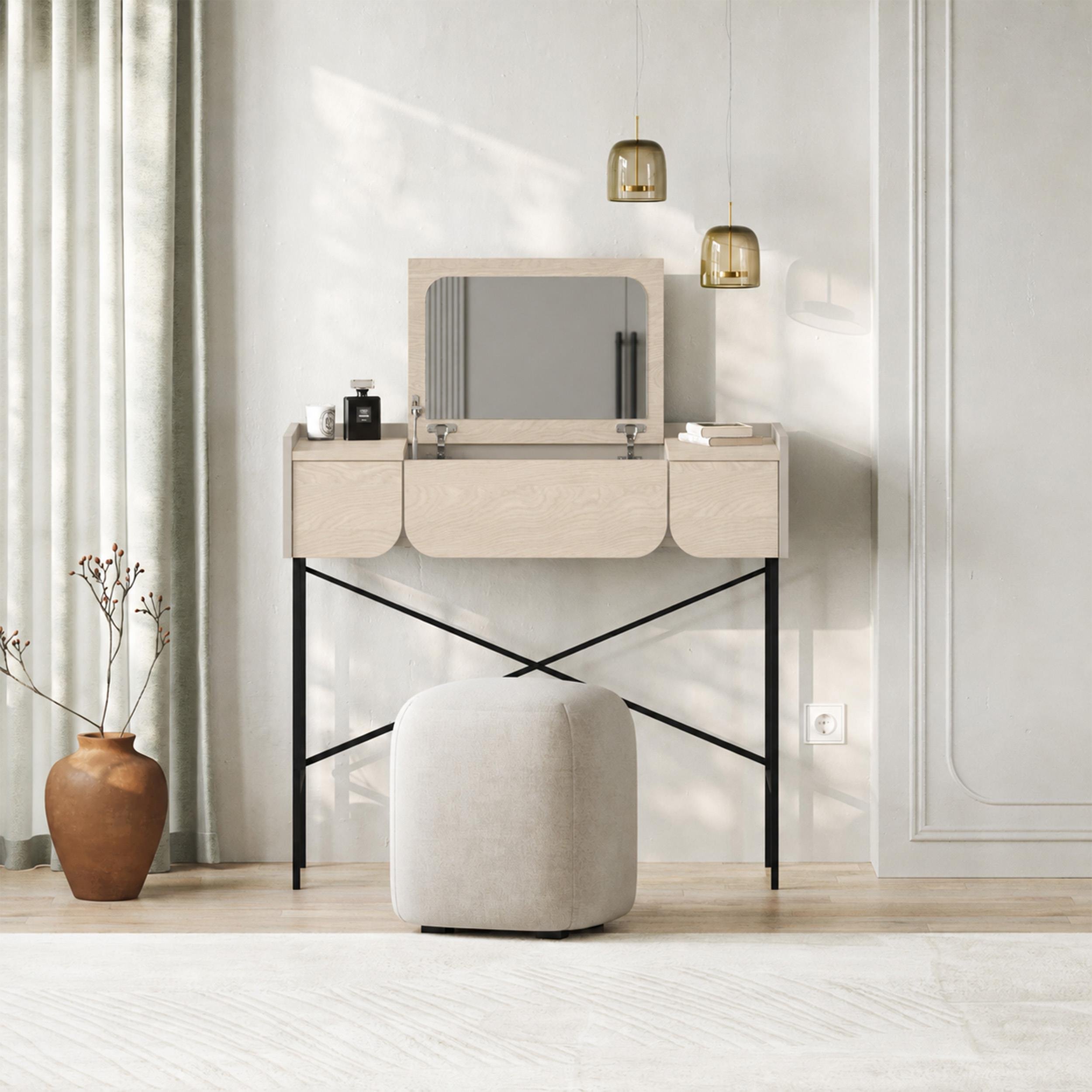 Decortie Terra Wood Effect Dressing Table With Flip-Up Mirror - Sand