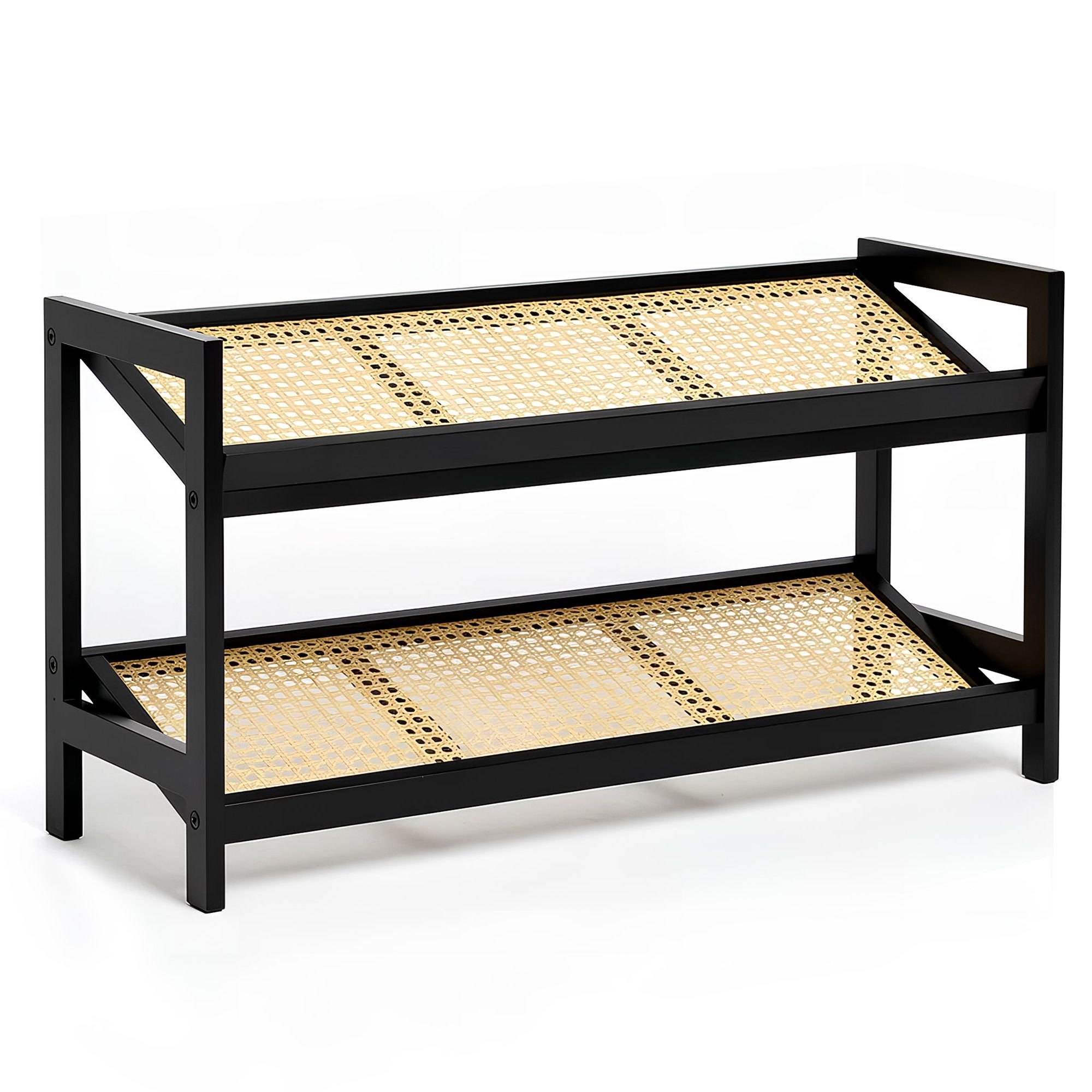 Keplin 2 Tier Bamboo & Rattan Shoe Rack - Black & Natural