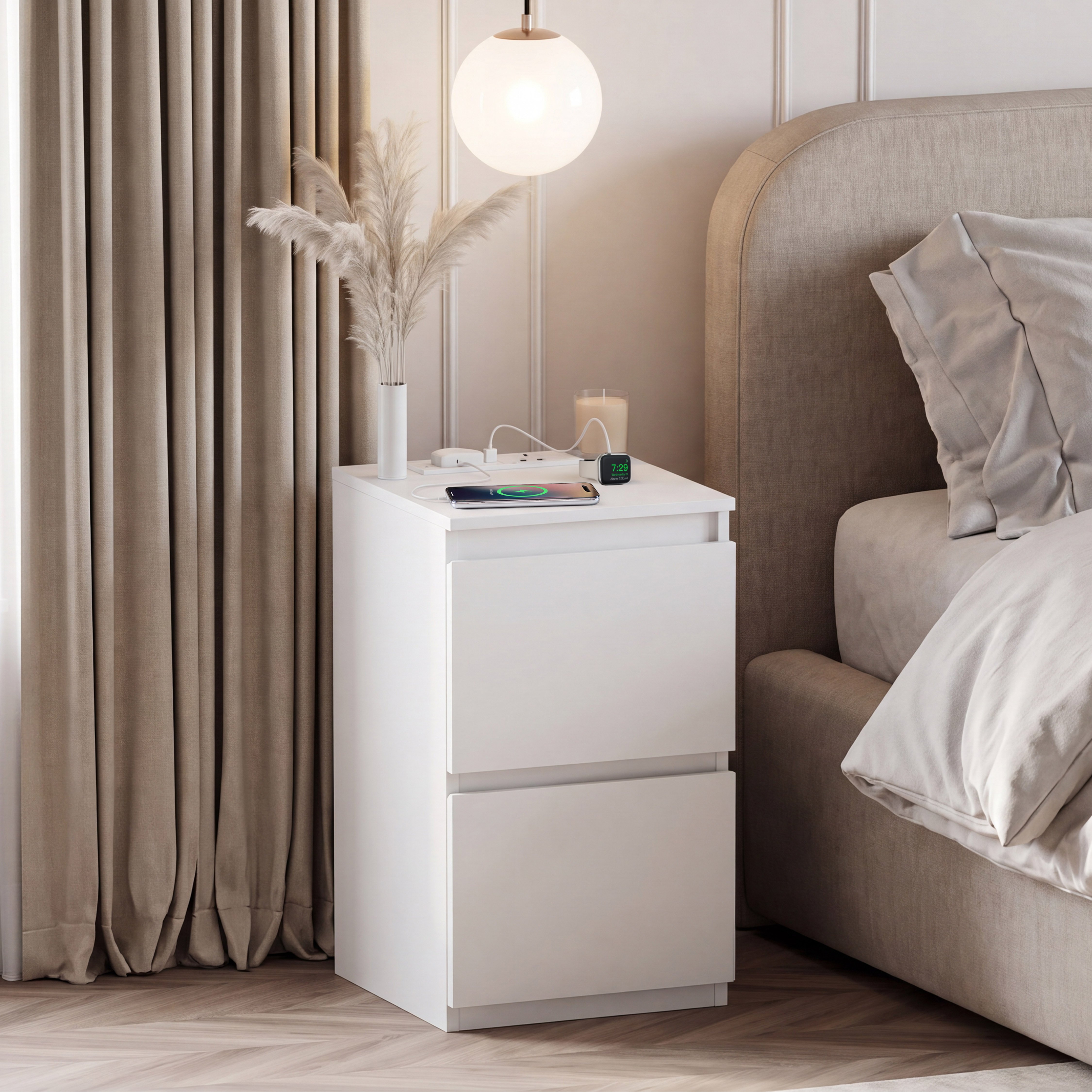 Vida Designs Denver 2 Drawer Bedside Chest with Power Outlet - White