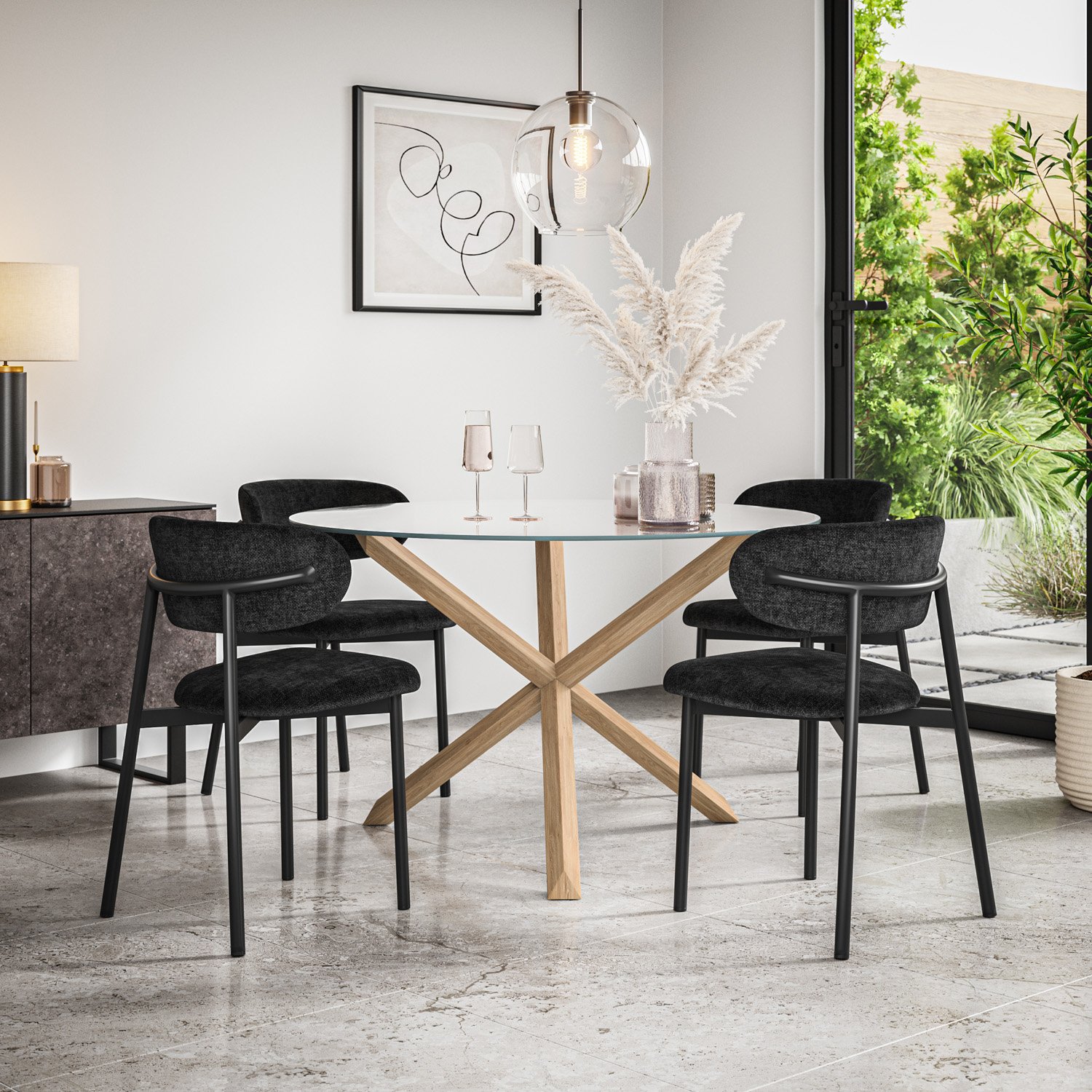 Furniture Online Malvern Round Glass Dining Table & 6 Myla Black Chairs