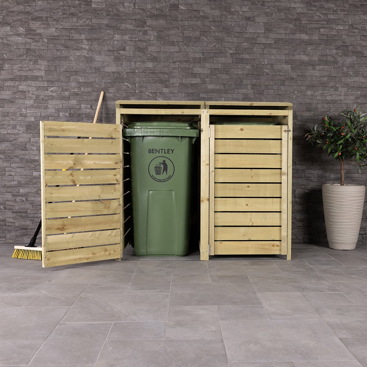 Charles Bentley FSC Mixed Double Wooden Wheelie Bin Storage Unit Dustbin - Beige